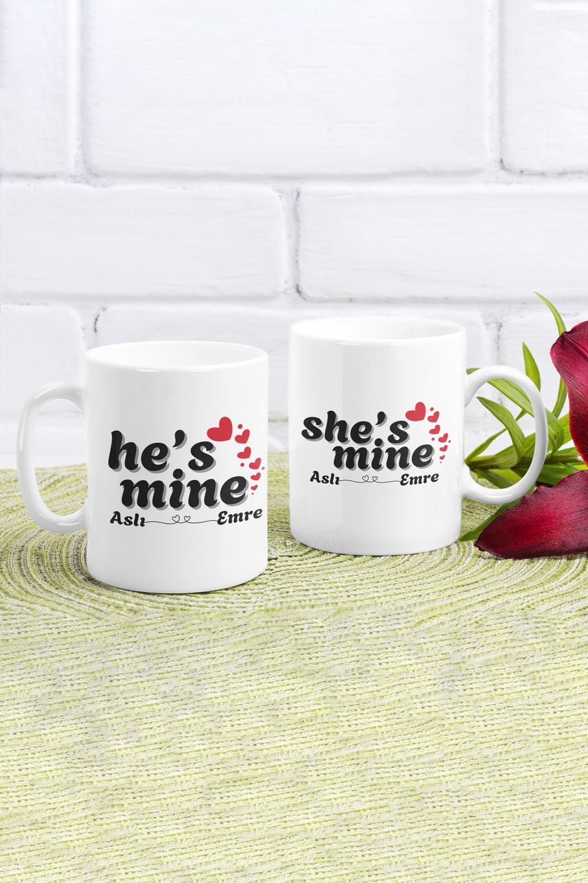 qoeuyl boutique He's Mine She's Mine Baskılı Kişiye Özel Romantik Sevgililer Günü İkili Hediye Kupa Bardak