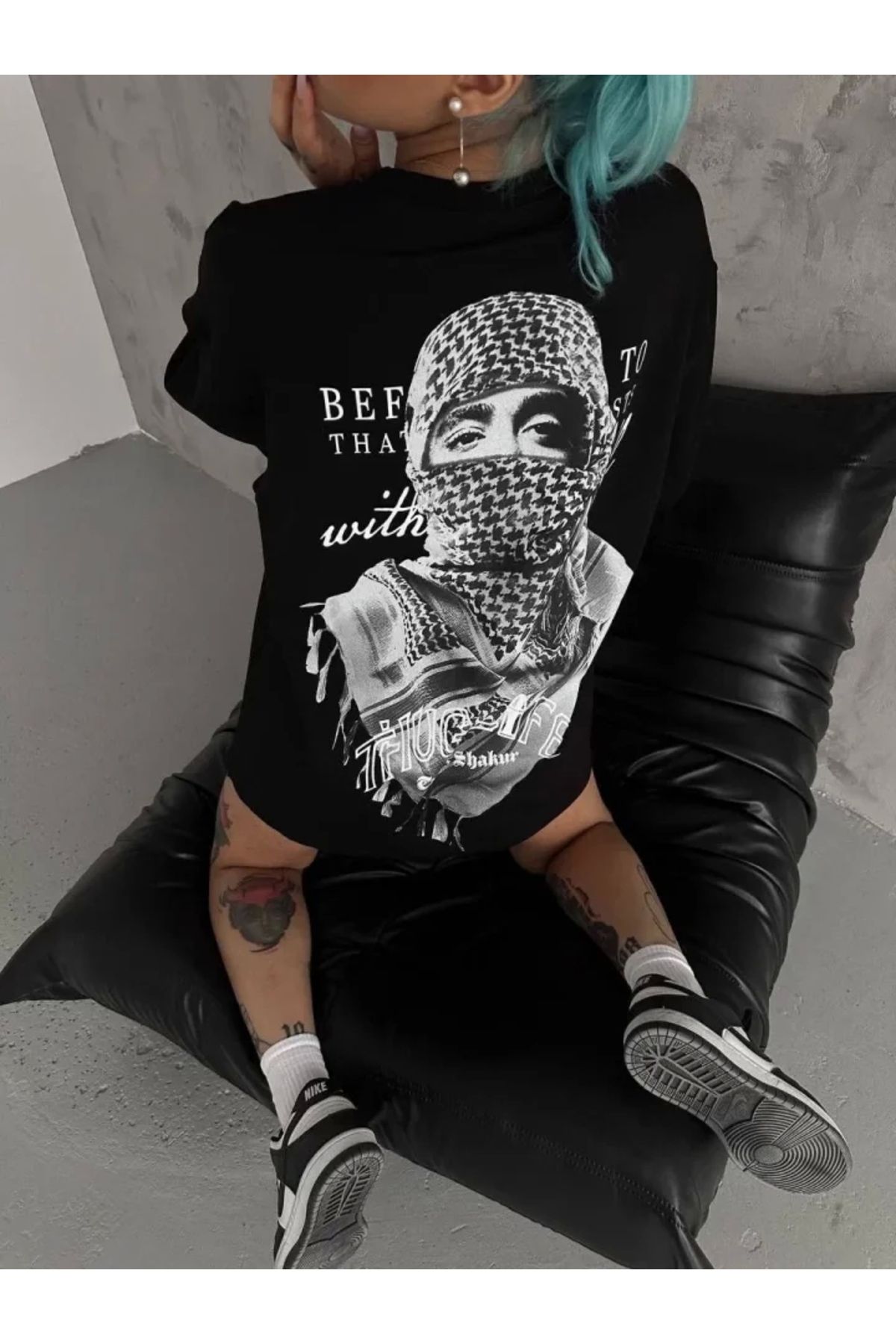 Kelepire Düştü Unisex Baskılı Oversize T-Shirt - Siyah