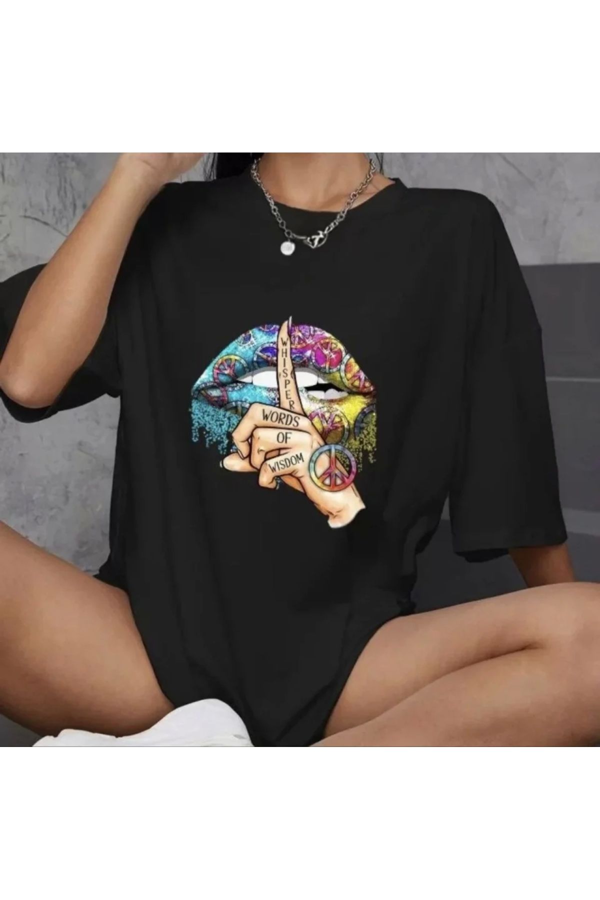 Kelepire Düştü Unisex Bisiklet Yaka Baskılı Oversize T-Shirt - Siyah