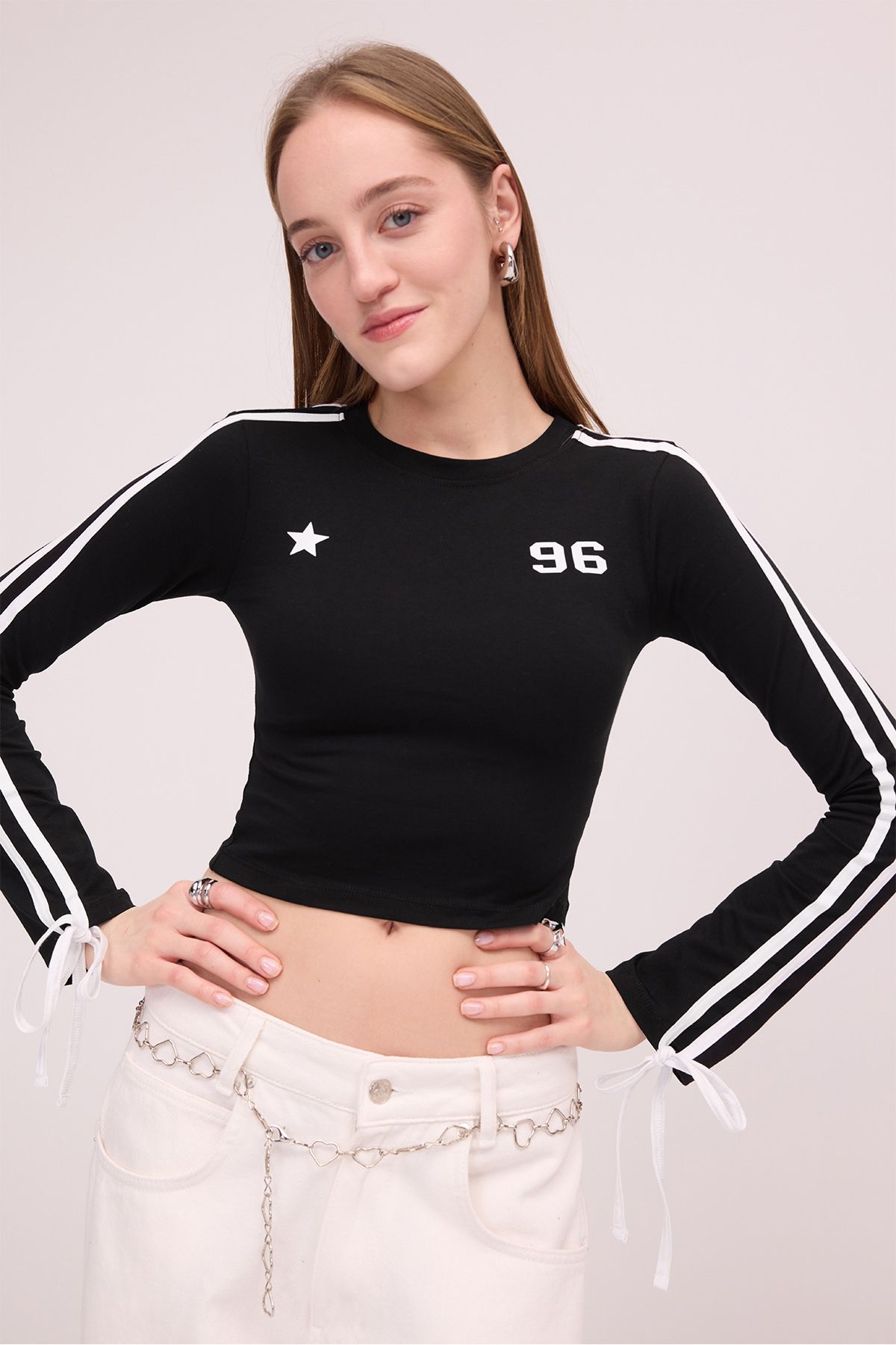 Addax-B1665 Model Crop Blouse - 96 Printed and Stripe Detail 4