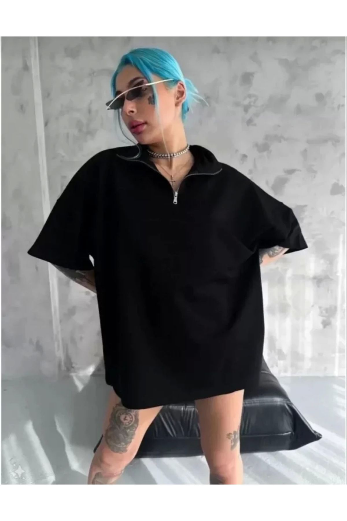 Kelepire Düştü Unisex Yarım Fermuarlı Düz Oversize T-Shirt - Siyah