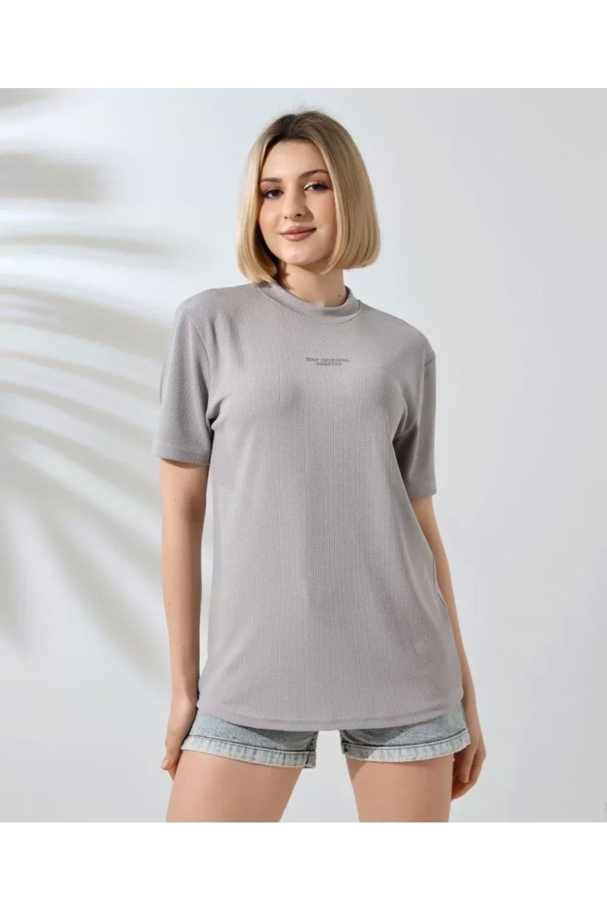 Kelepire Düştü Unisex Bisiklet Yaka Baskılı Slim Fit T-Shirt - Boyalı Gri