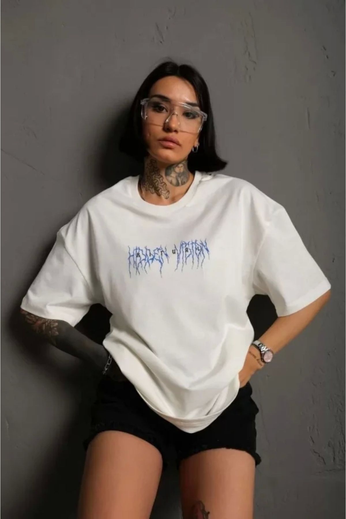 Kelepire Düştü Unisex Bisiklet Yaka Baskılı Oversize T-Shirt - Beyaz