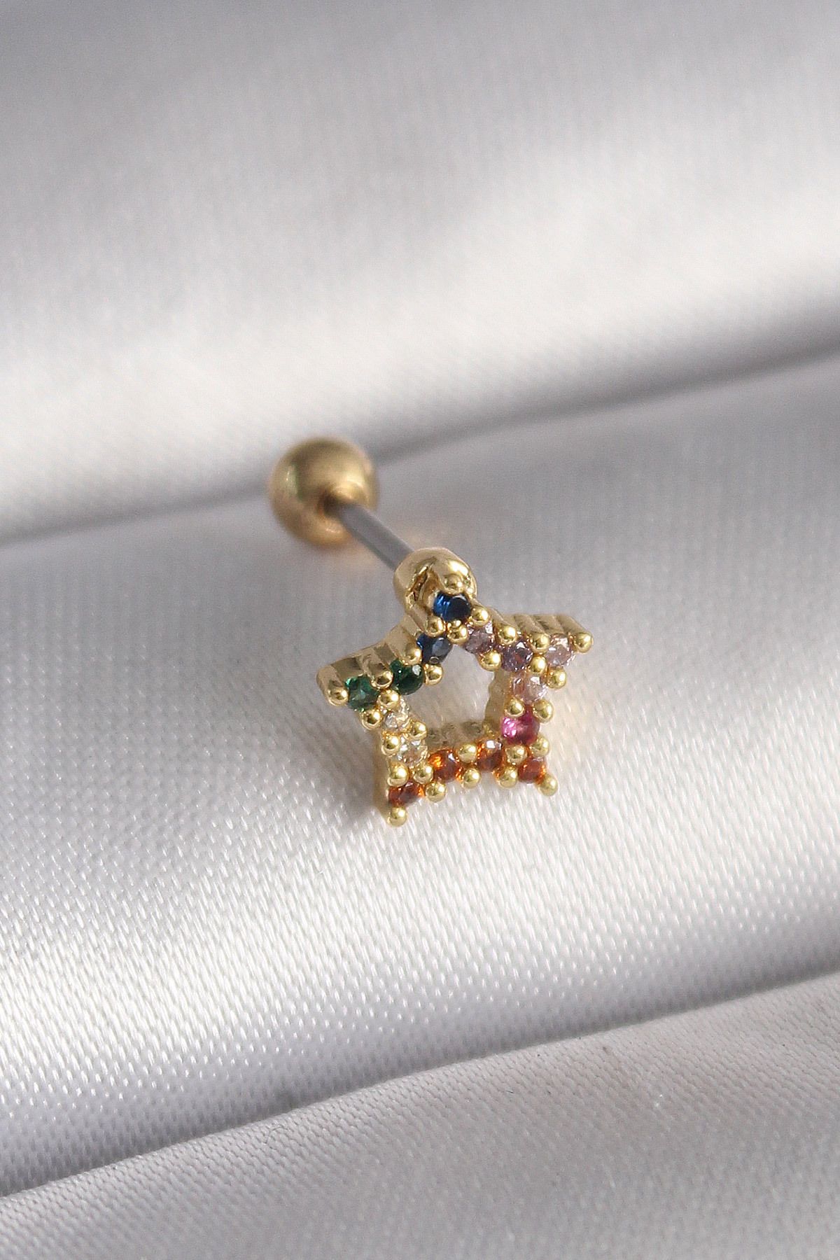 Skygo 316L Çelik Gold Renk Renkli Zirkon Taşlı Yıldız Model Tragus Piercing - TJ-PR1354
