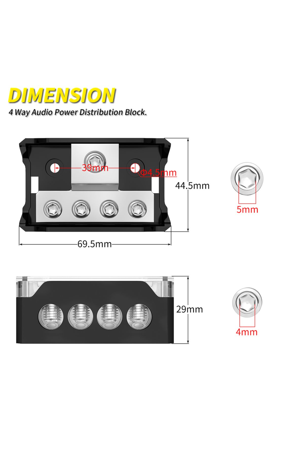 Daiertek-4 Way Audio Power Distribution Block 1x 0/2/4 AWG Gauge in 4X 4/8/10 Gauge Out Ground Distributor... 3
