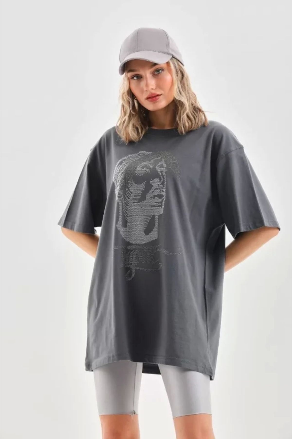 Kelepire Düştü Unisex Taş Desenli Oversize T-Shirt - Füme