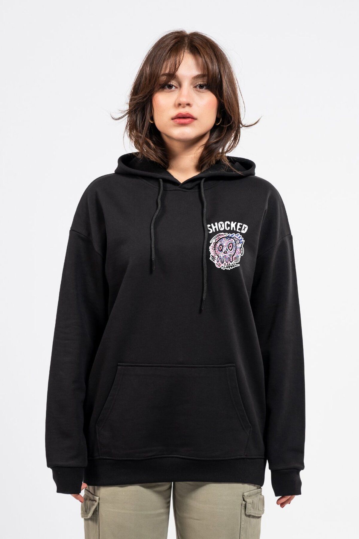 LUMARTA Oversize Göğüste Shocked Baskılı Hoodie