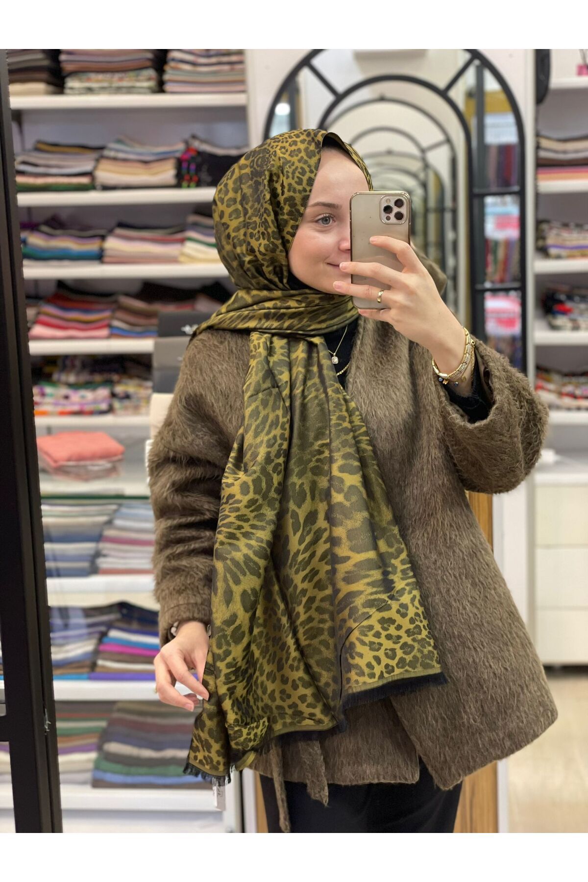 Siyane Yağ Yeşili Siyane Scarf Jakar Leopar Desen Şal