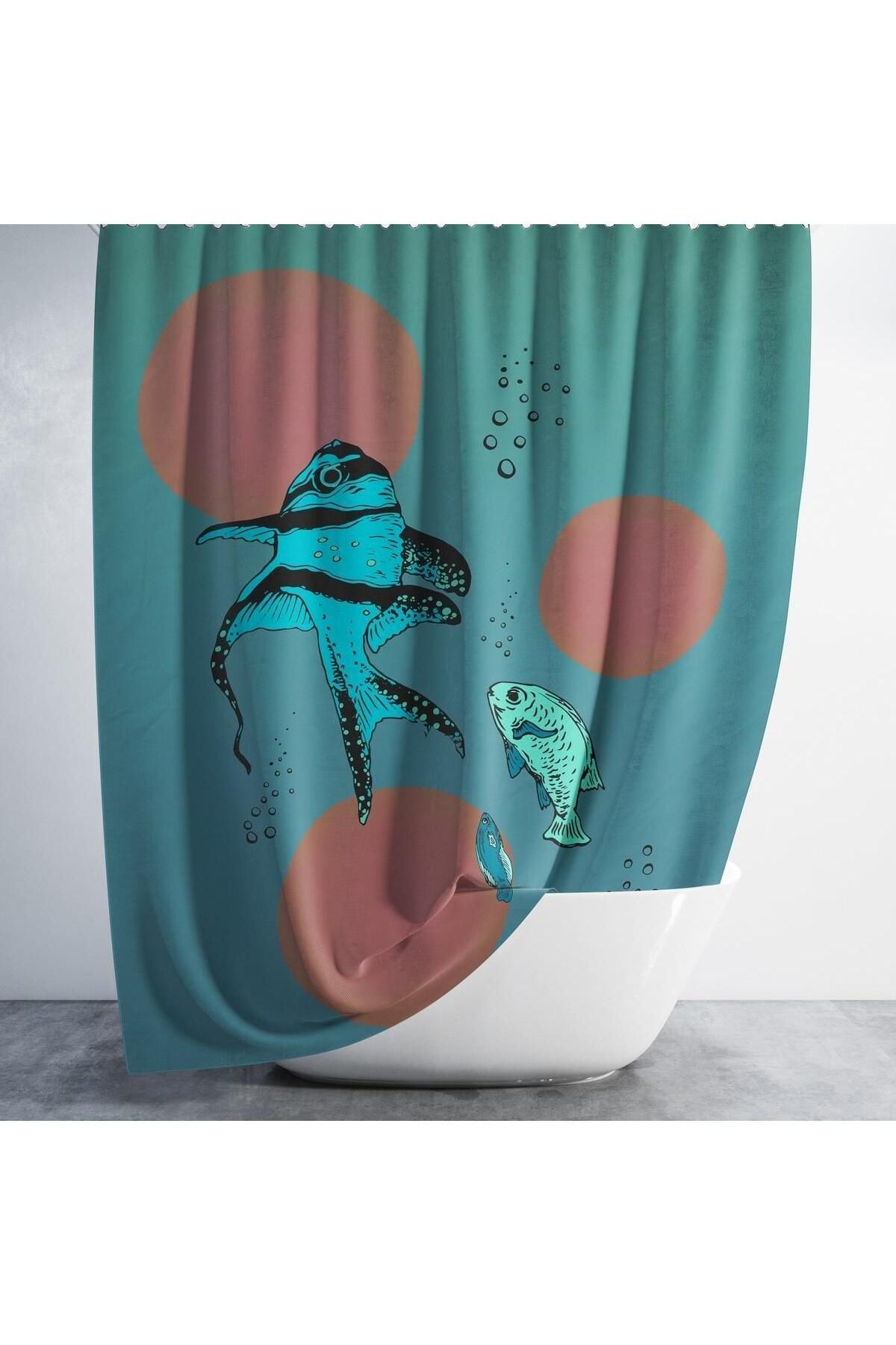 Zethome Banyo Perdesi 1x180x200 Tek Kanat Duş Perdesi Halka Hediyeli Duşakabin Perdesi Fish