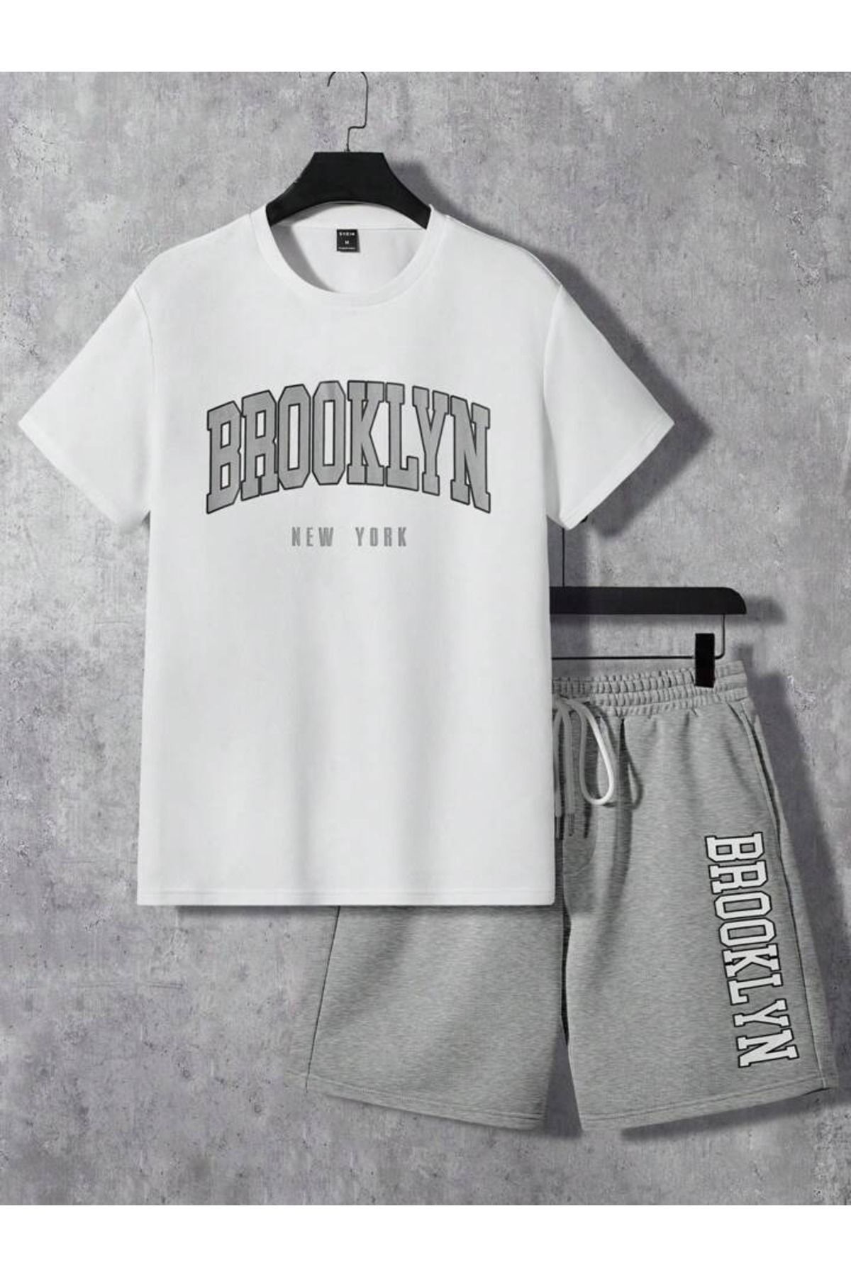 Boi Brooklyn Şort T-Shirt - Beyaz Gri Baskılı Alt Üst Takım Bisiklet Yaka