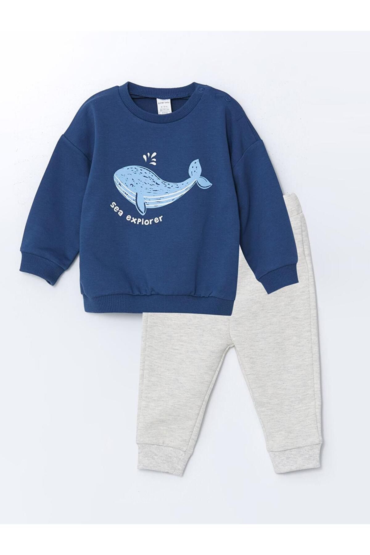 LC Waikiki LCW baby Bisiklet Yaka Baskılı Erkek Bebek Sweatshirt ve Eşofman Alt 2'li