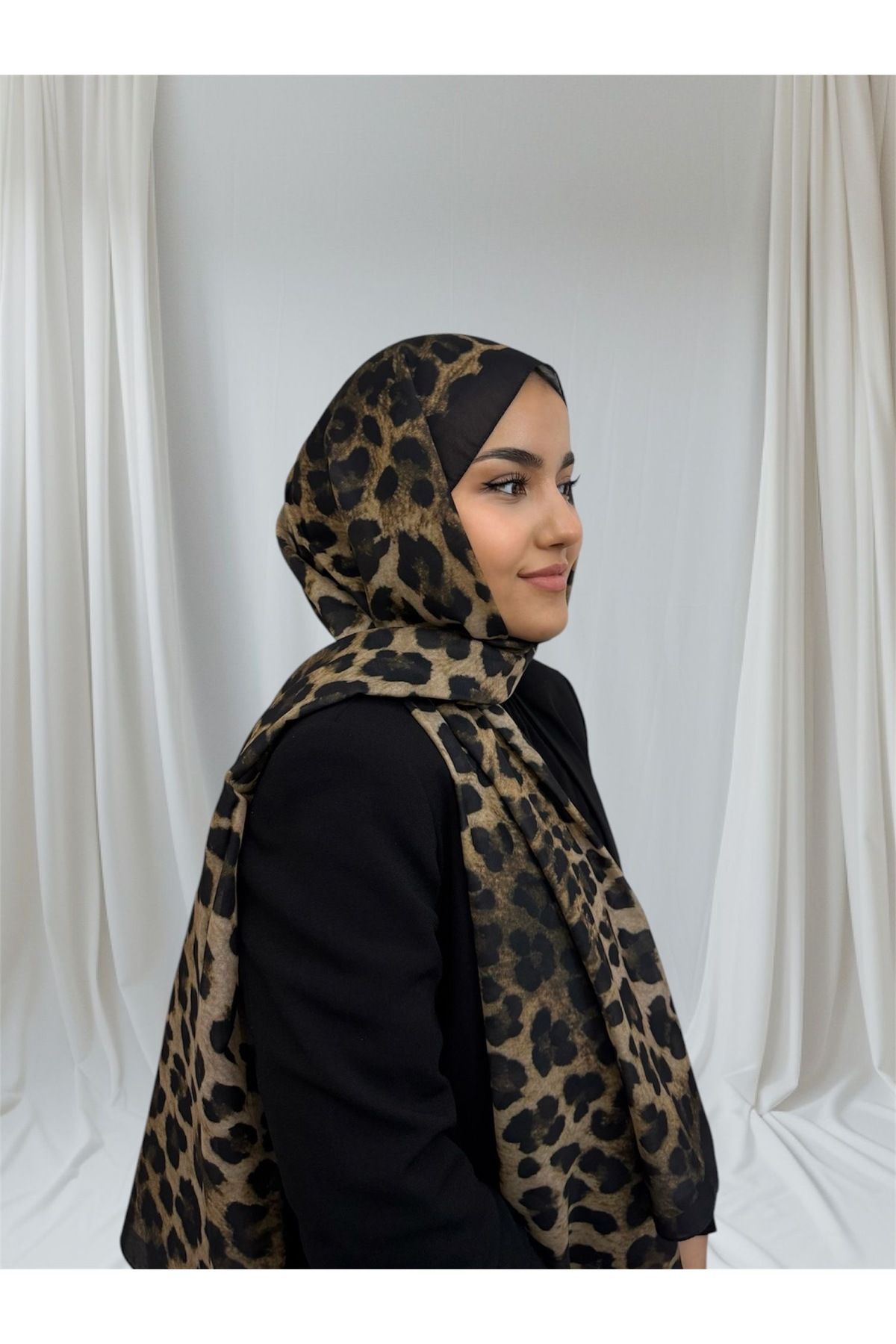 Scarf Siyah Kahverengi Leopar Desenli Şal