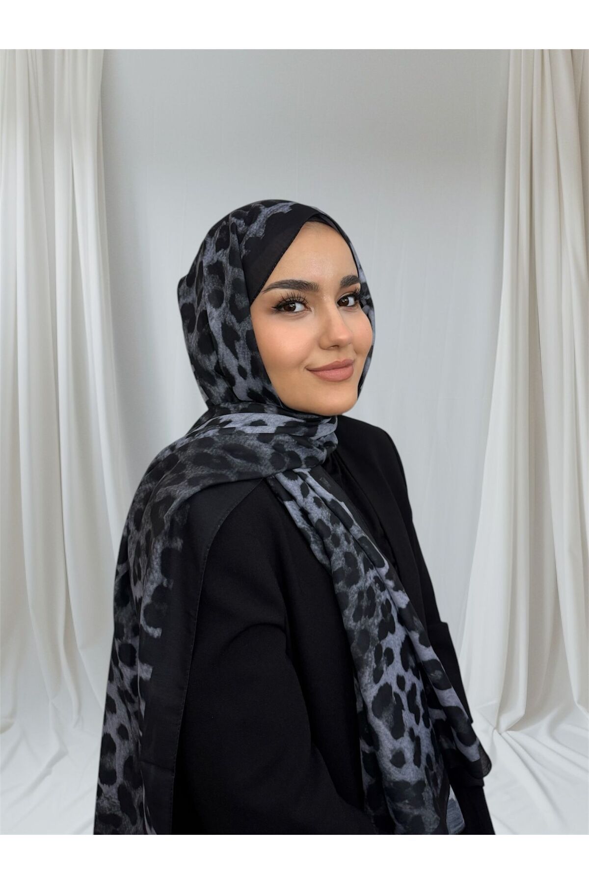 Scarf Siyah Antrasit leopar desenli şal