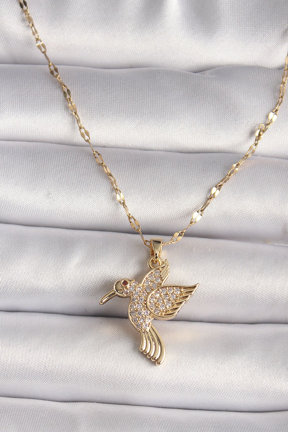 BirdoluSepet 316L Gold Renk Zirkon Taşlı Sinek Kuşu Model Kadın Kolye