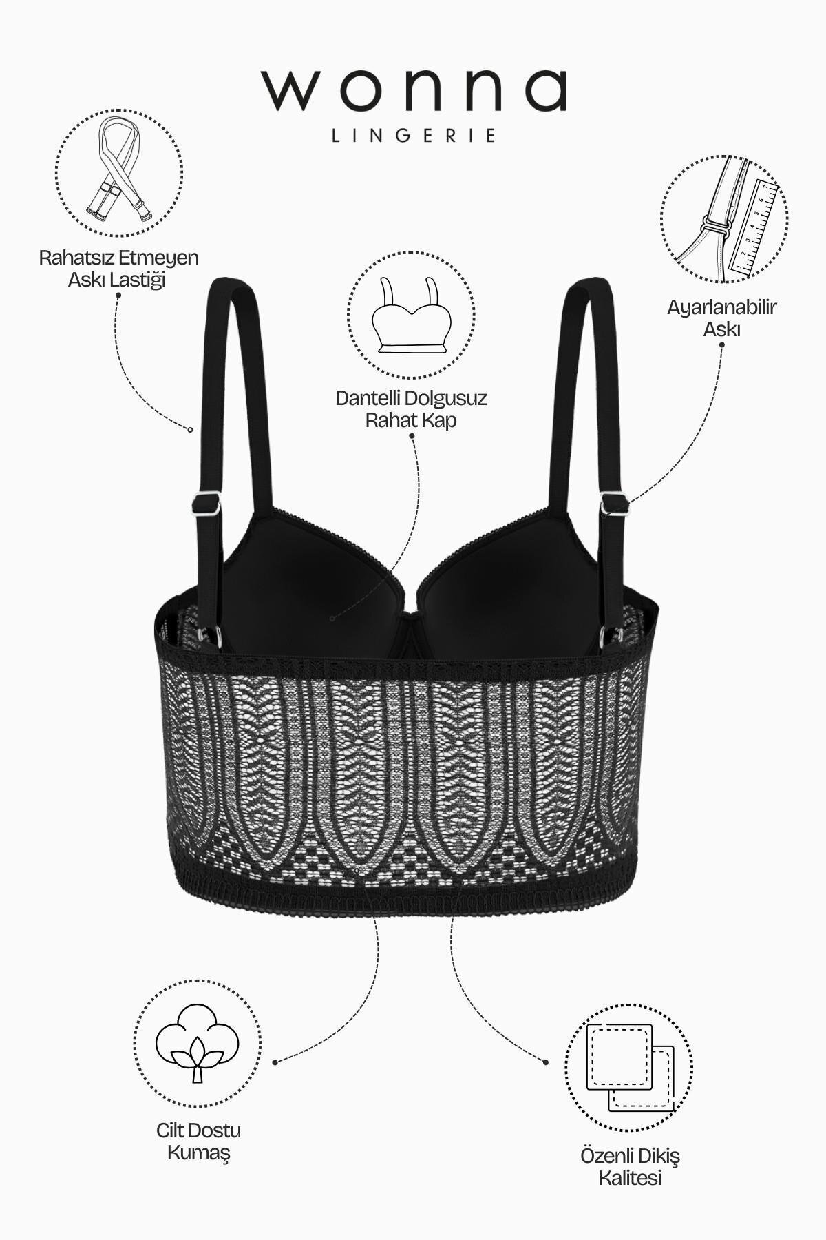 Wonna  Viola Dantelli Büstiyer Sütyen Külot Takım - Dolgusuz - Fashion - 2508 - Siyah - Görsel 5