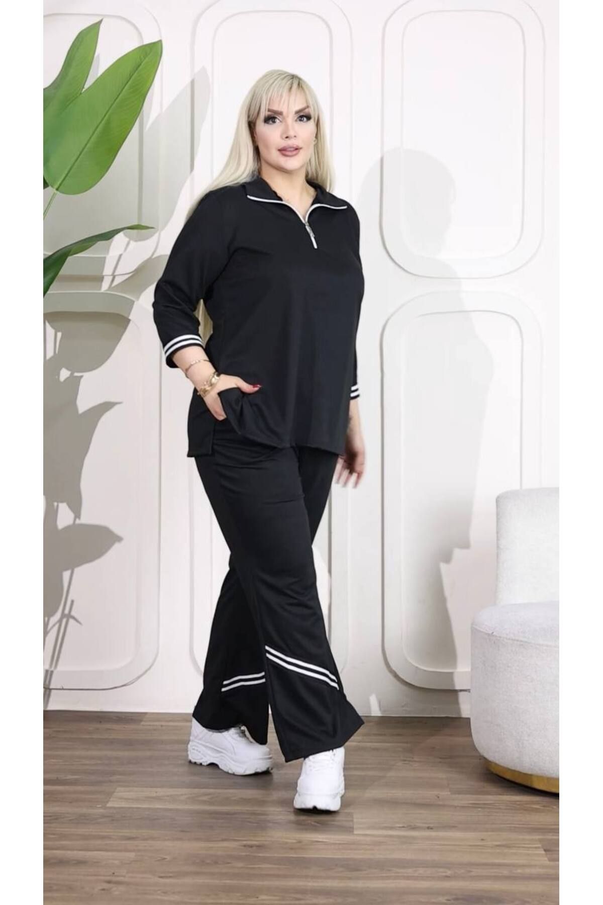 garajmood-Large Size Bottom-Top Set with Black Stripe and Zipper Detail 1