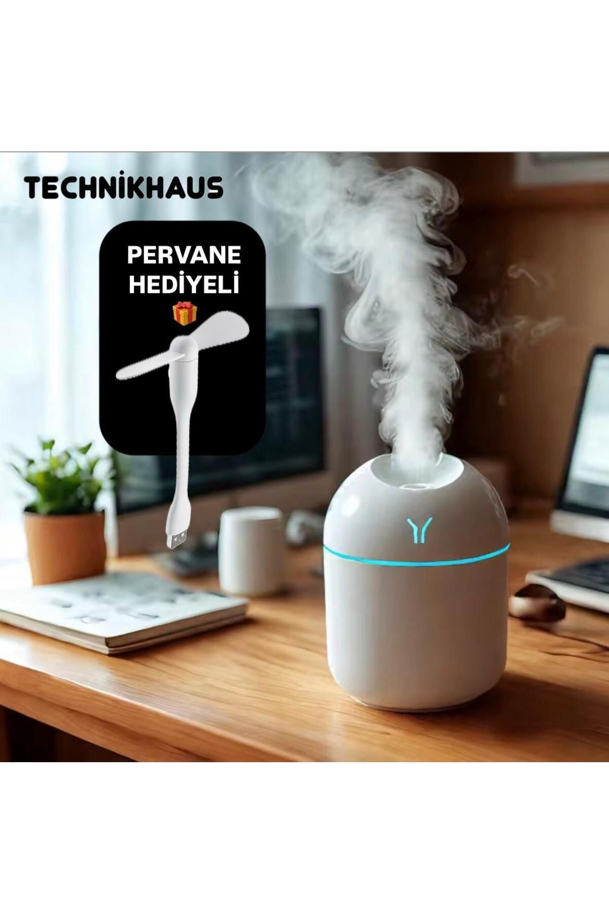 Technikhaus H2o Pervane Hediyeli Ultrasonik Oda Nemlendirici Koku Makinesi 250 Ml Usb Mini Fan Araç Koku