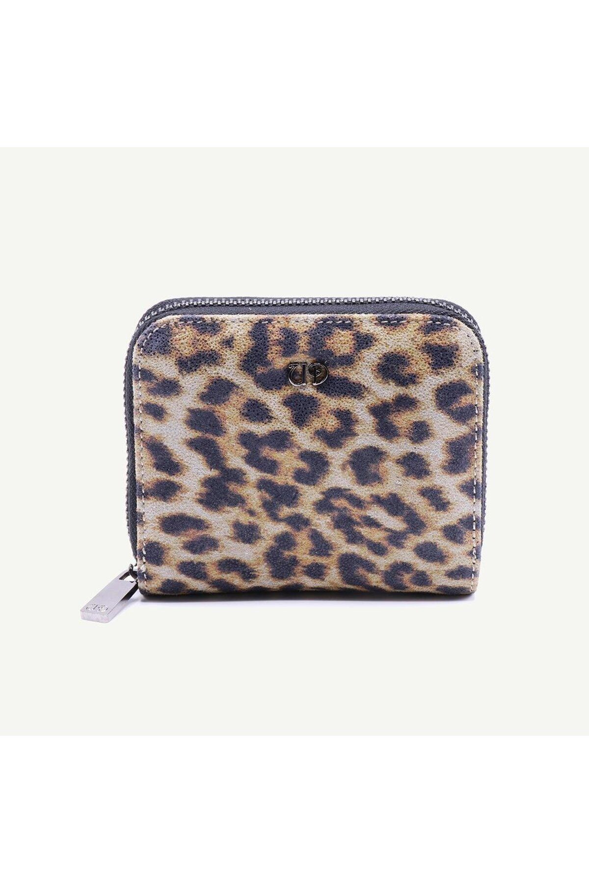 Uderra Leather Uderra Kadın Hakiki Deri Kum Renk Leopar Mini Cüzdan - S1KC0116