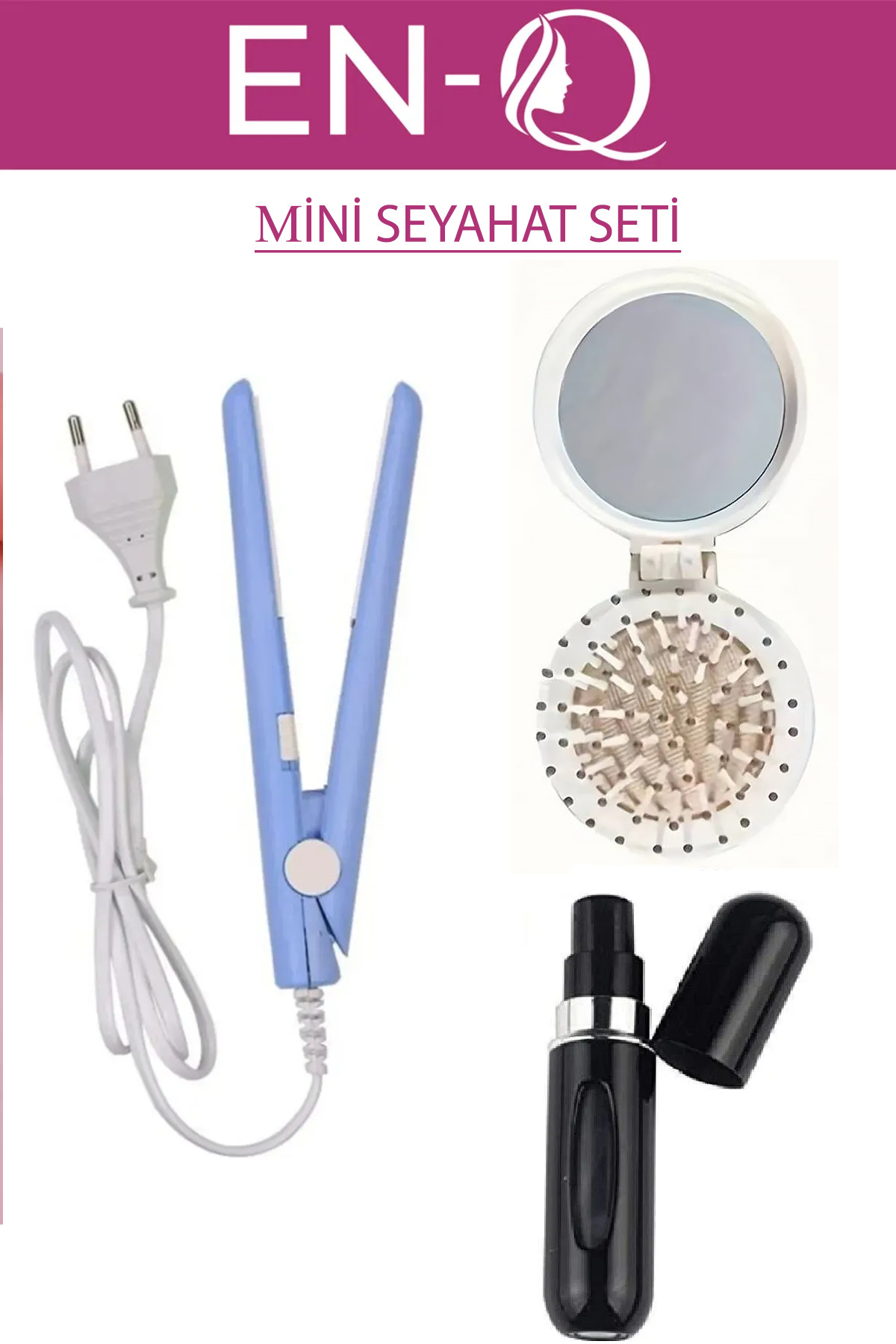 ENQ Mini Seyahat Seti - 3lü Çanta Set- Düzleştirici ,Parfüm Seti ve Aynalı Tarak - Fiyatı, Yorumları
