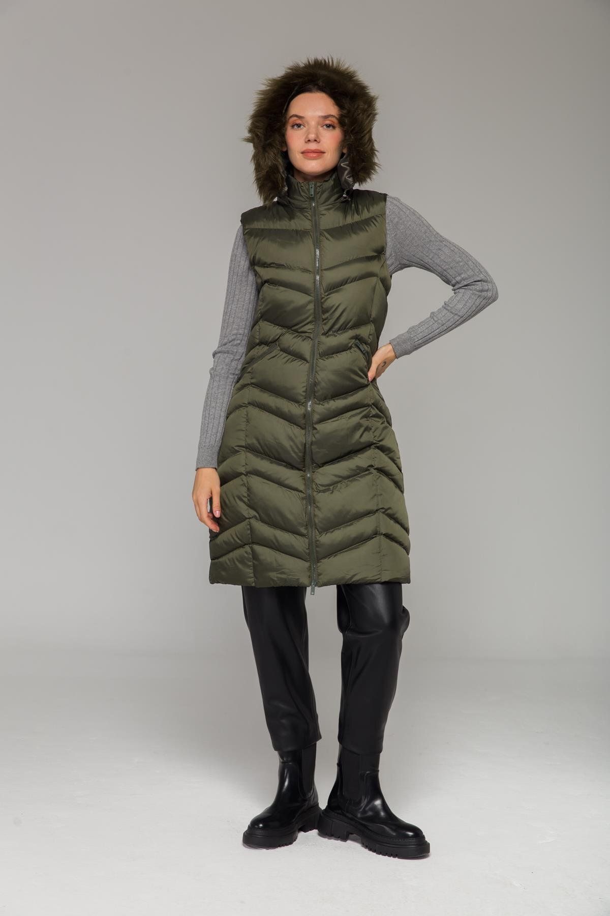 Olcay-Furry Removable Hooded Inflatable Vest Khaki 8192 5
