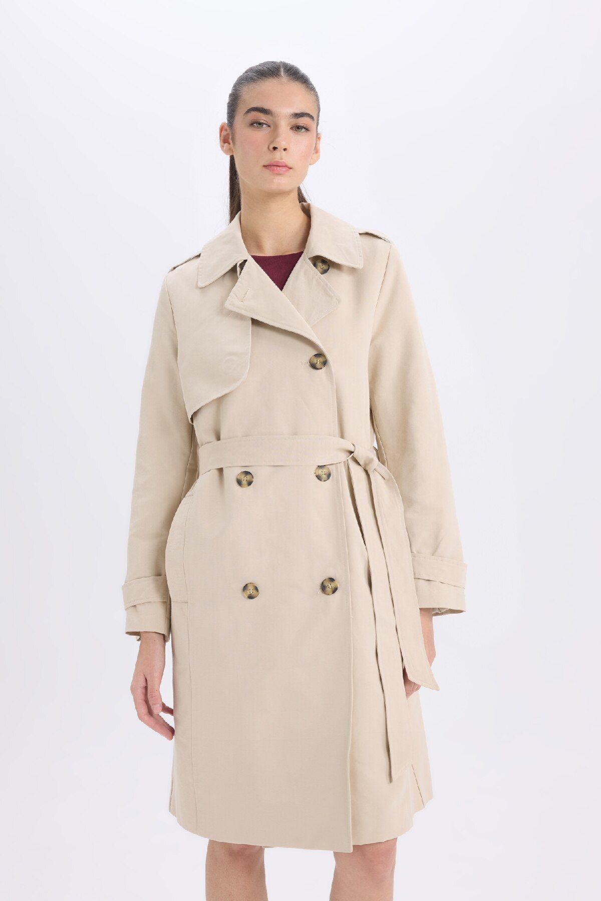 DeFacto-Regular Fit Tuxedo Collar Long Trench Coat with Belt Pockets D6524Ax25Sp 5