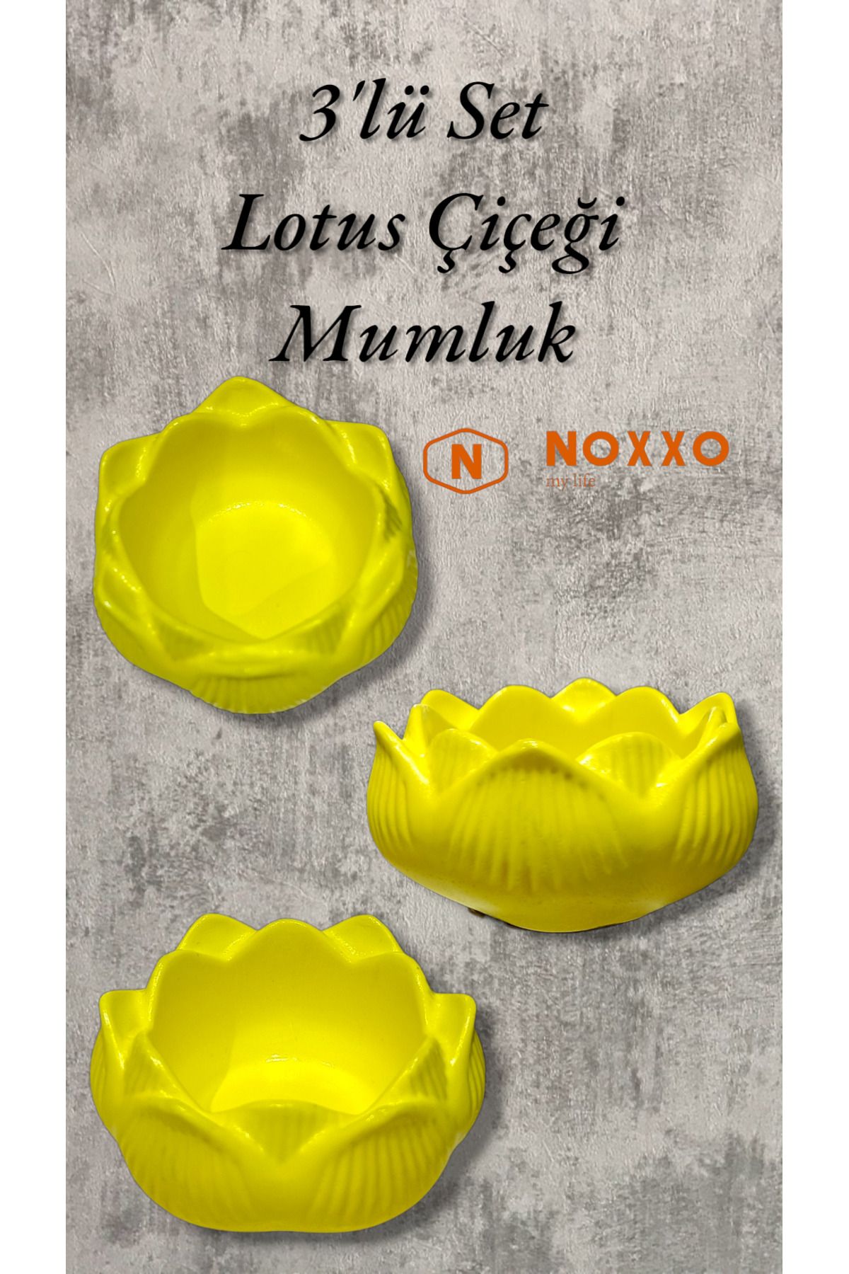 N NOXXO 3 lü Lotus Çiçeği Mumluk Seti - Dekoratif Tealight Mumluk Beton Sarı