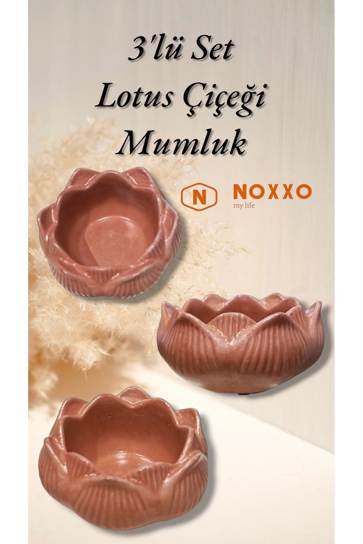 N NOXXO 3 lü Lotus Çiçeği Mumluk Seti - Dekoratif Tealight Mumluk Beton Kahverengi