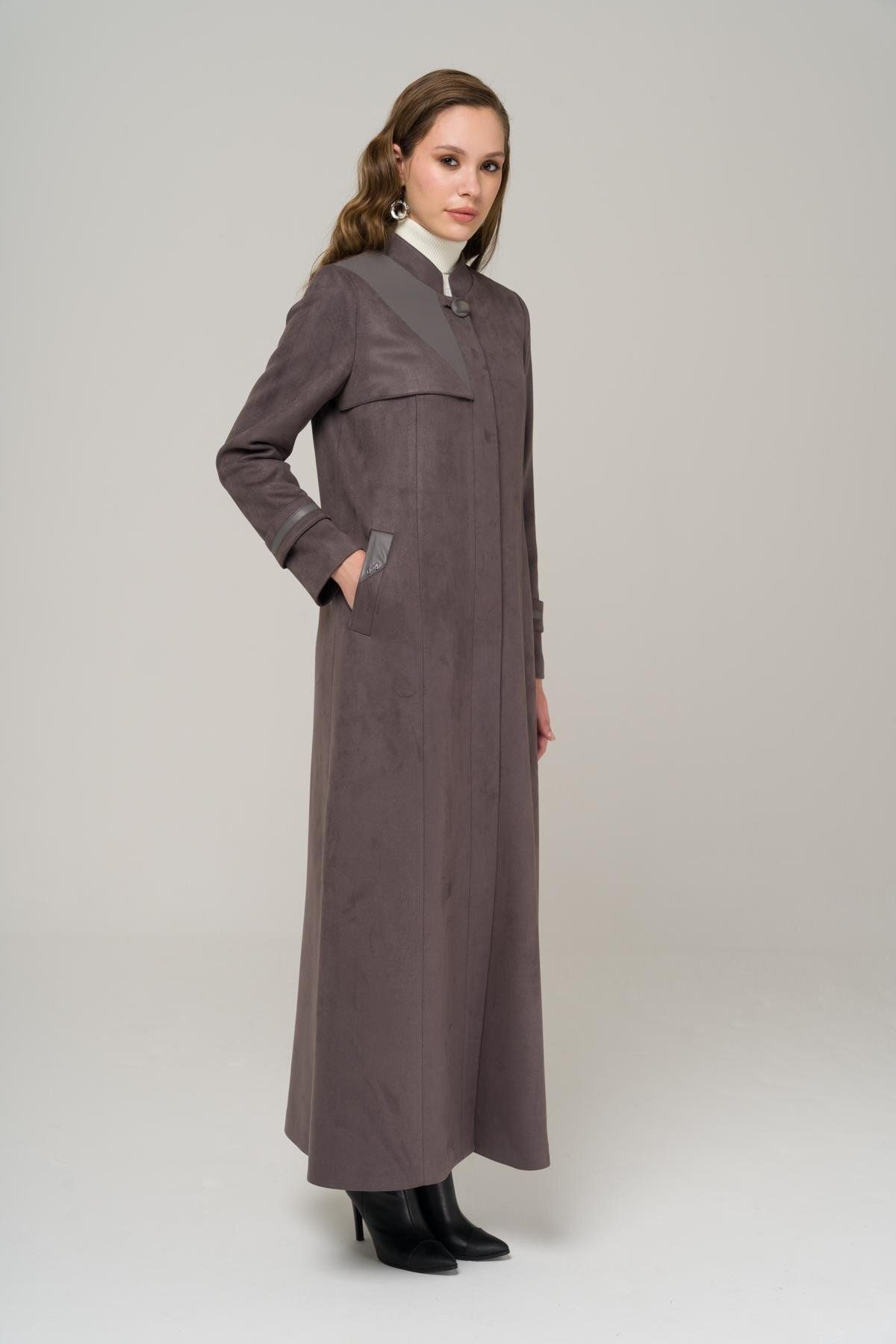 Olcay-Magnificent Collar Cape and Leather Detailed Suede Look Topcoat Smoked 6519 3