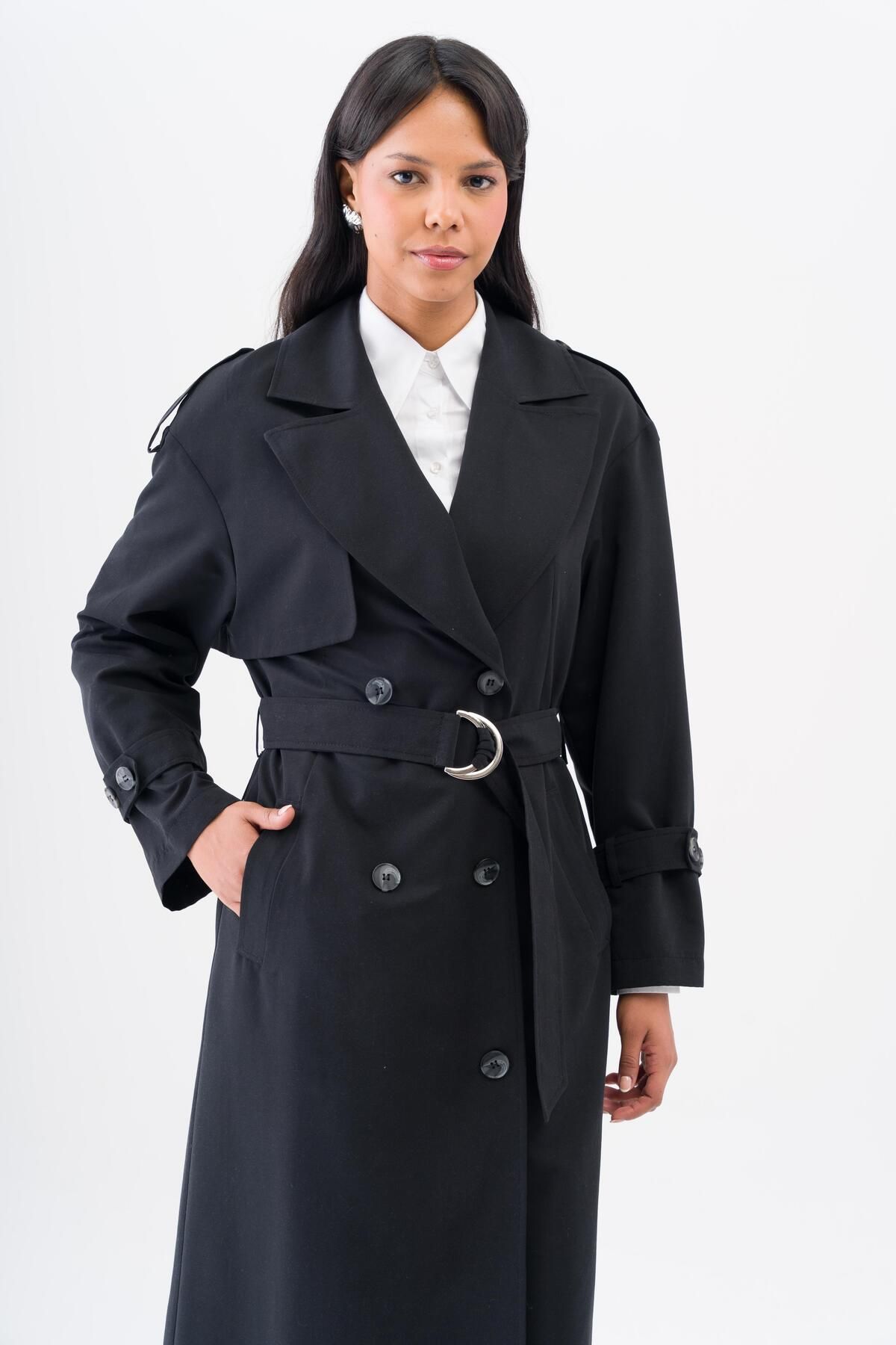 Olcay-Comfortable Fit Double Breasted Water Repellent Unlined Trench Coat BLACK 6542 3