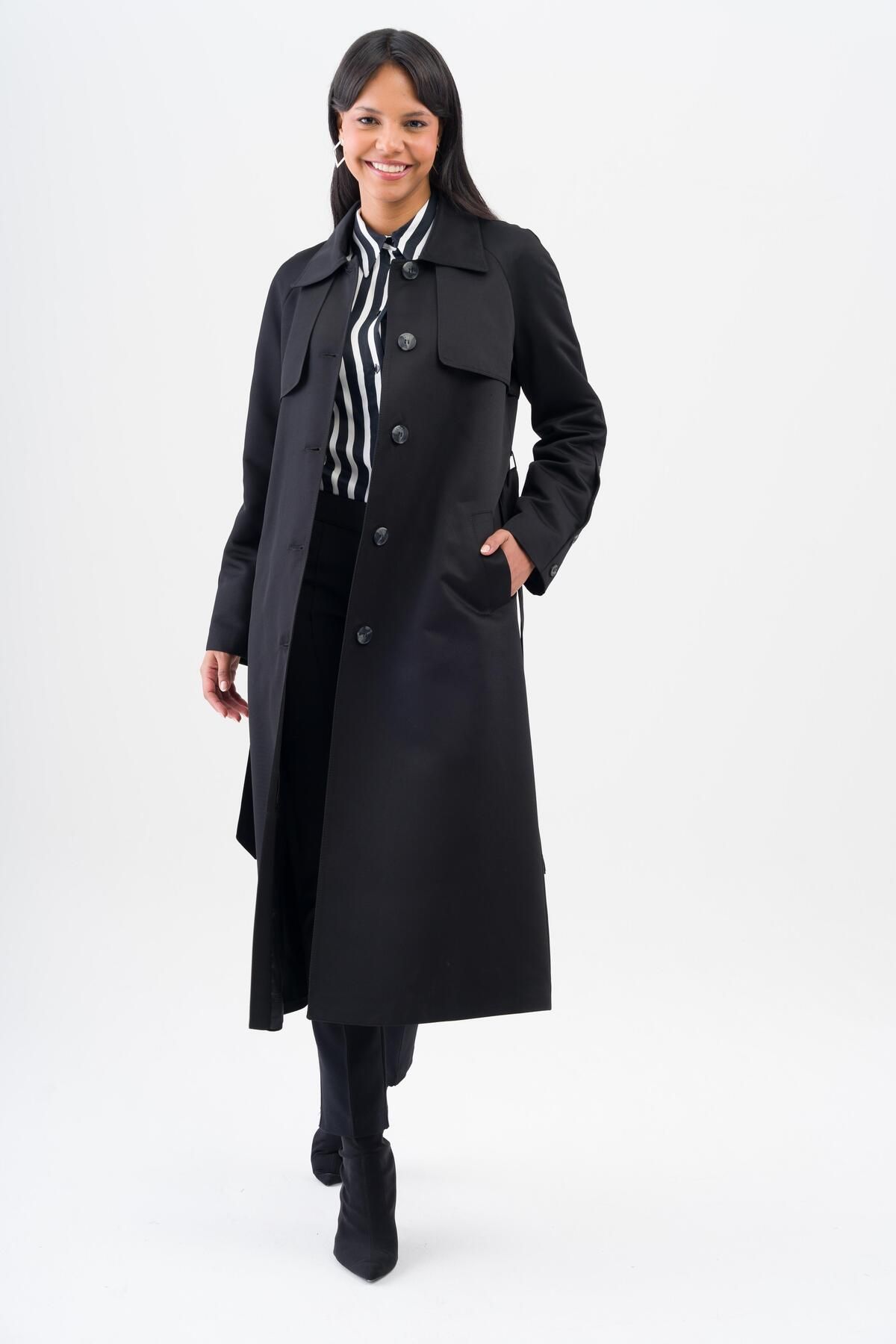 Olcay-Shirt Collar Cloak Detailed Raglan Sleeve Water Repellent Feature Lined Intermediate Length Trench Coat BLACK 6530 1