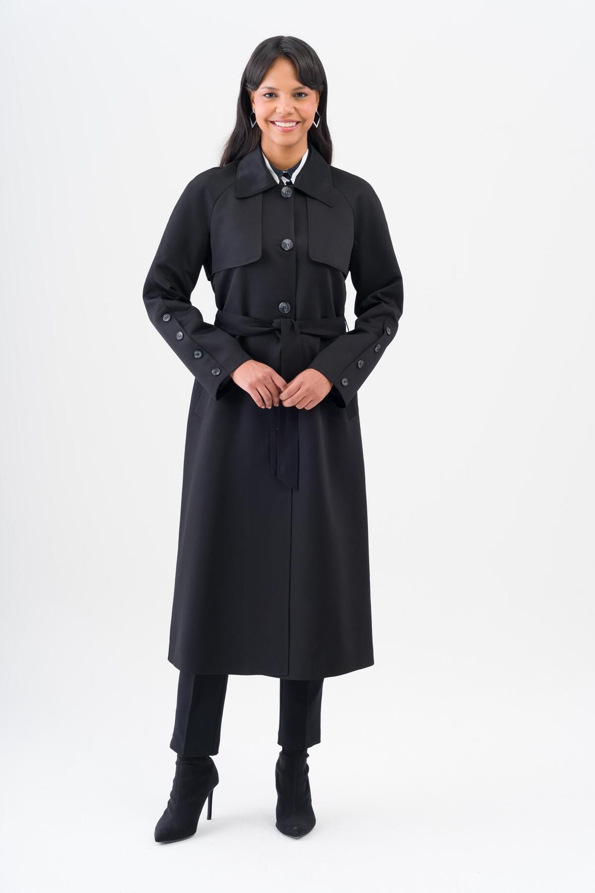 Olcay-Shirt Collar Cloak Detailed Raglan Sleeve Water Repellent Feature Lined Intermediate Length Trench Coat BLACK 6530 6