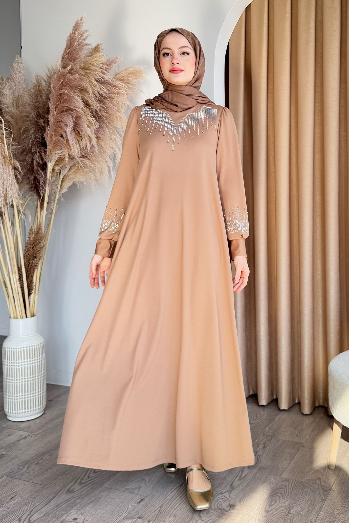 InStyle-Camel Scuba Dress with Rhinestones Pearls 5