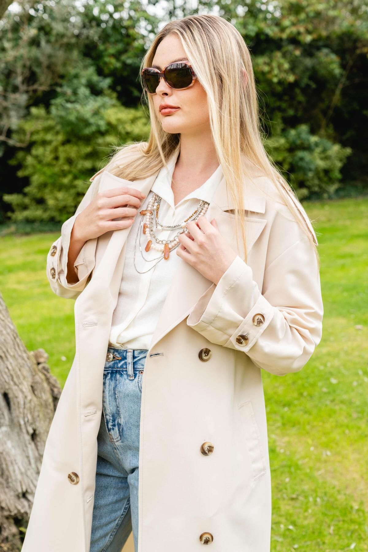 Olcay-Bequeme Passform, zweireihiger, wasserabweisender, ungefütterter Trenchcoat BEIGE 6542 3