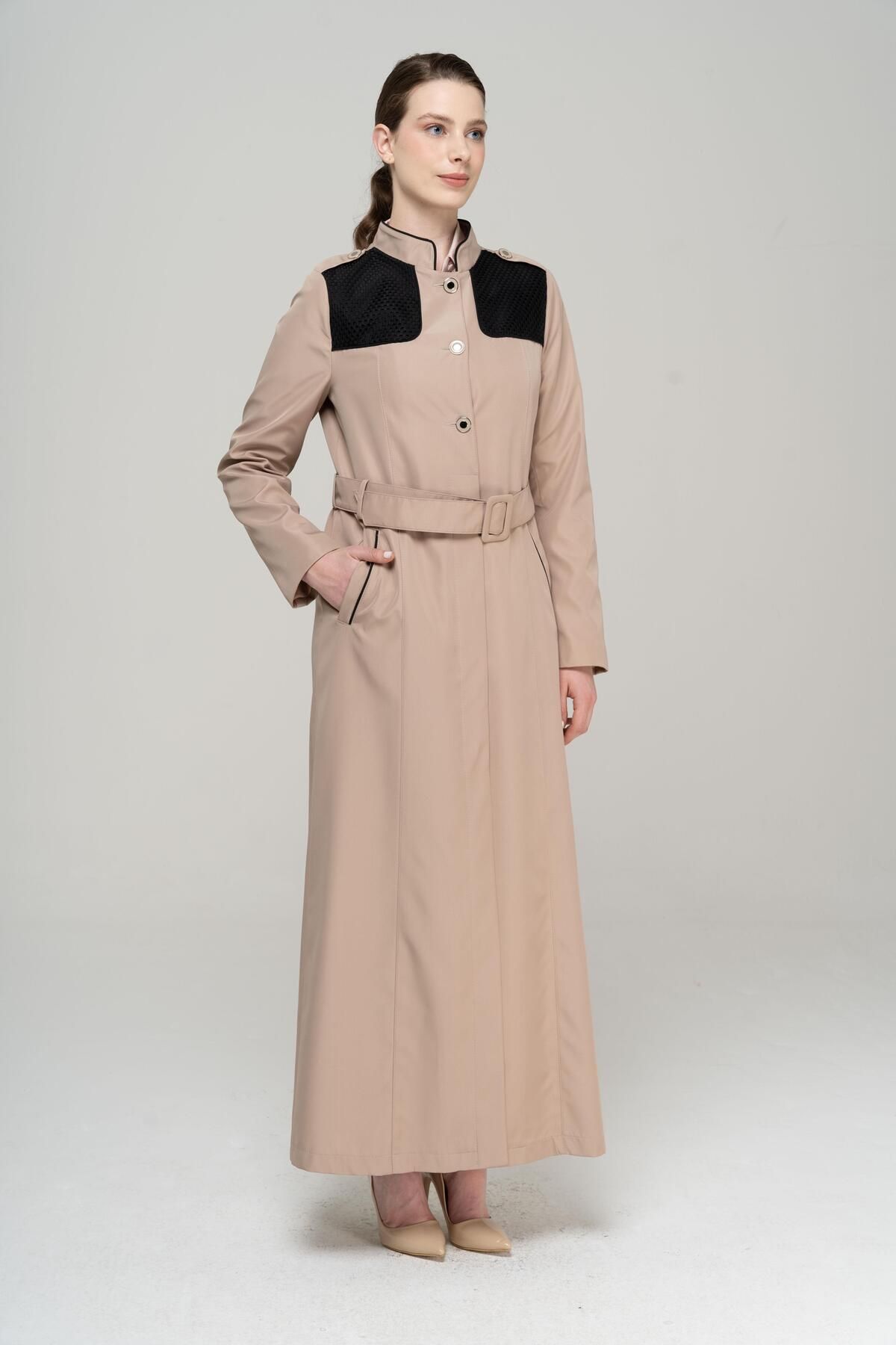 Olcay-Judge Collar Epaulet and Mesh Detailed Lined Long Trench Coat MINK 4294 5