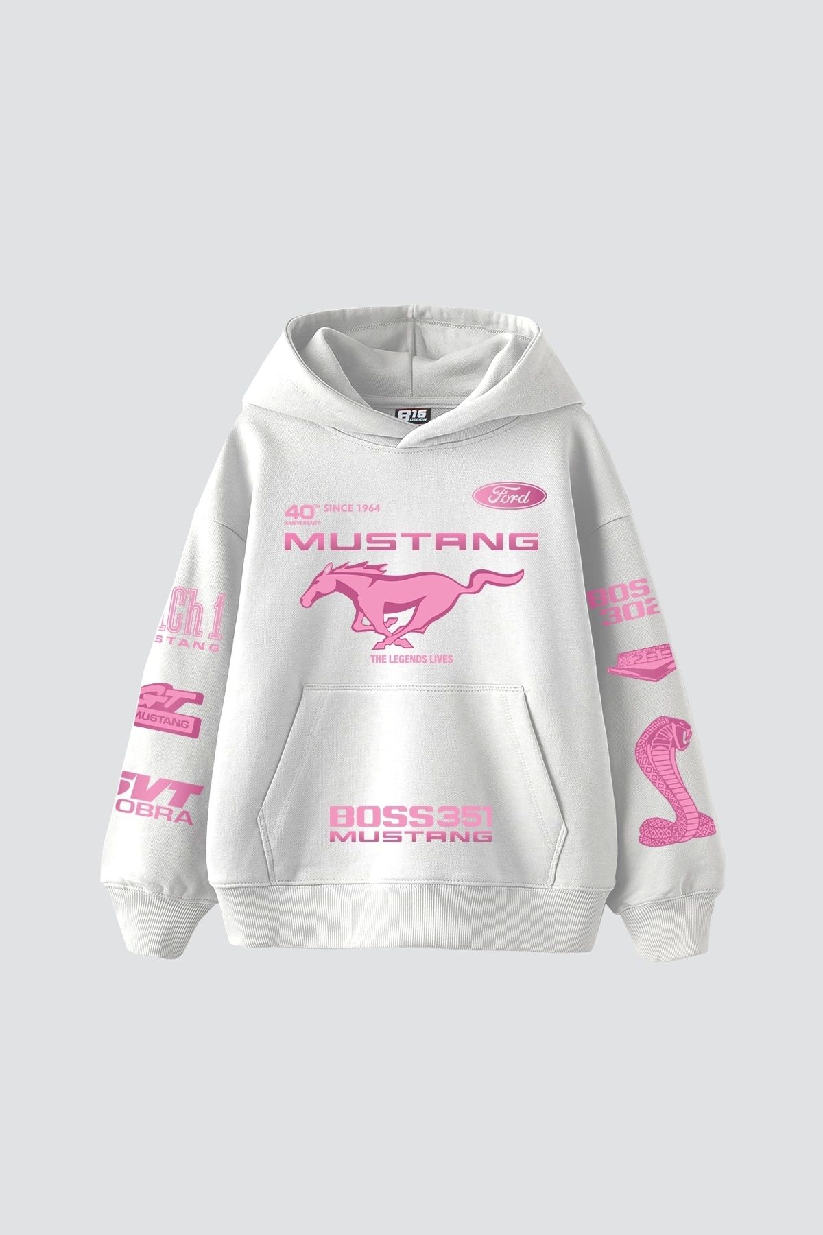 Sekizbiraltı Mstng Baskılı Racing Oversize Unisex Beyaz Hoodie