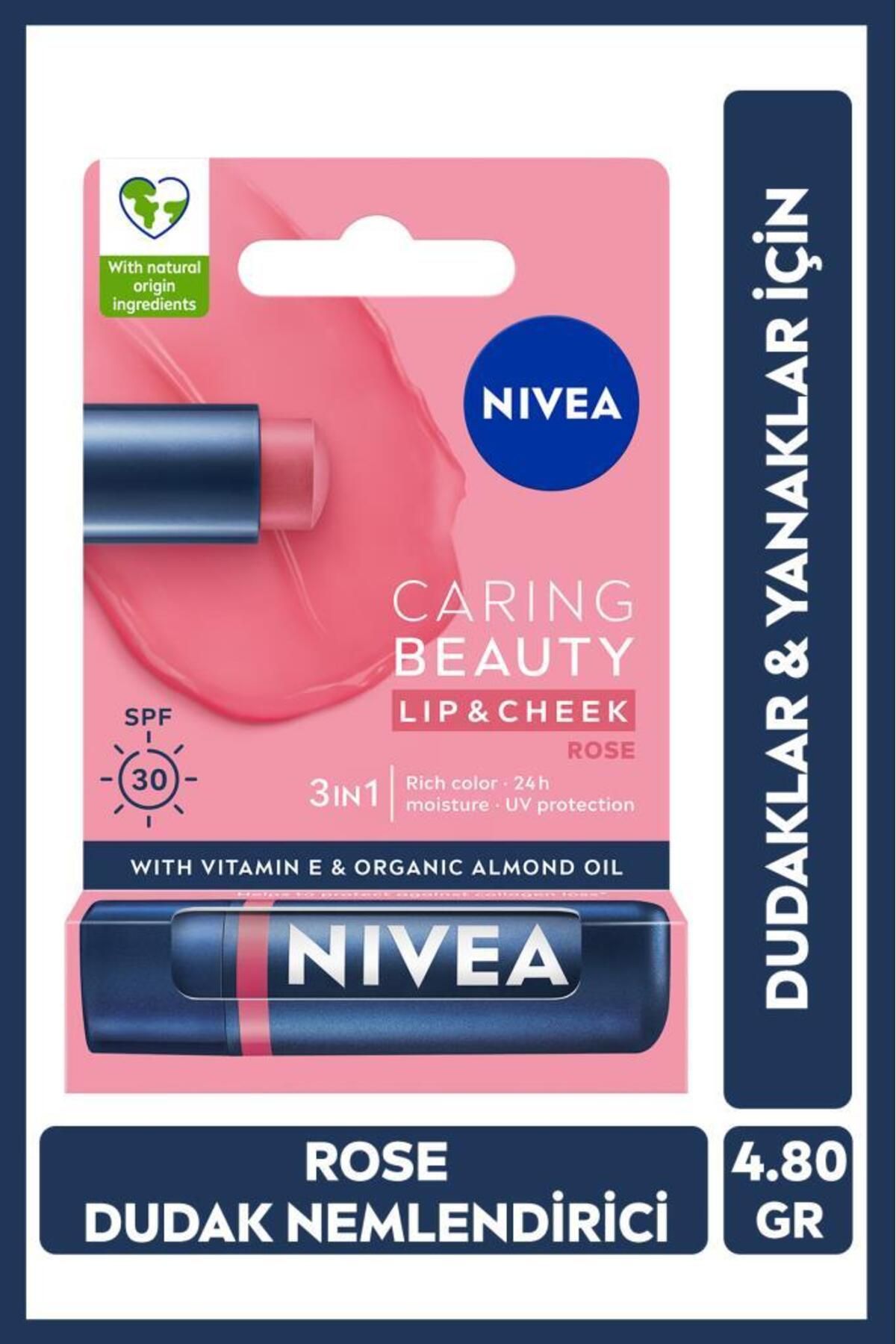 NIVEA Renkli Nemlendirici Dudak Bakım Kremi Rose 4.8gr, SPF30, Allık Etkisi, Dudak ve Yanaklar, E Vitamini