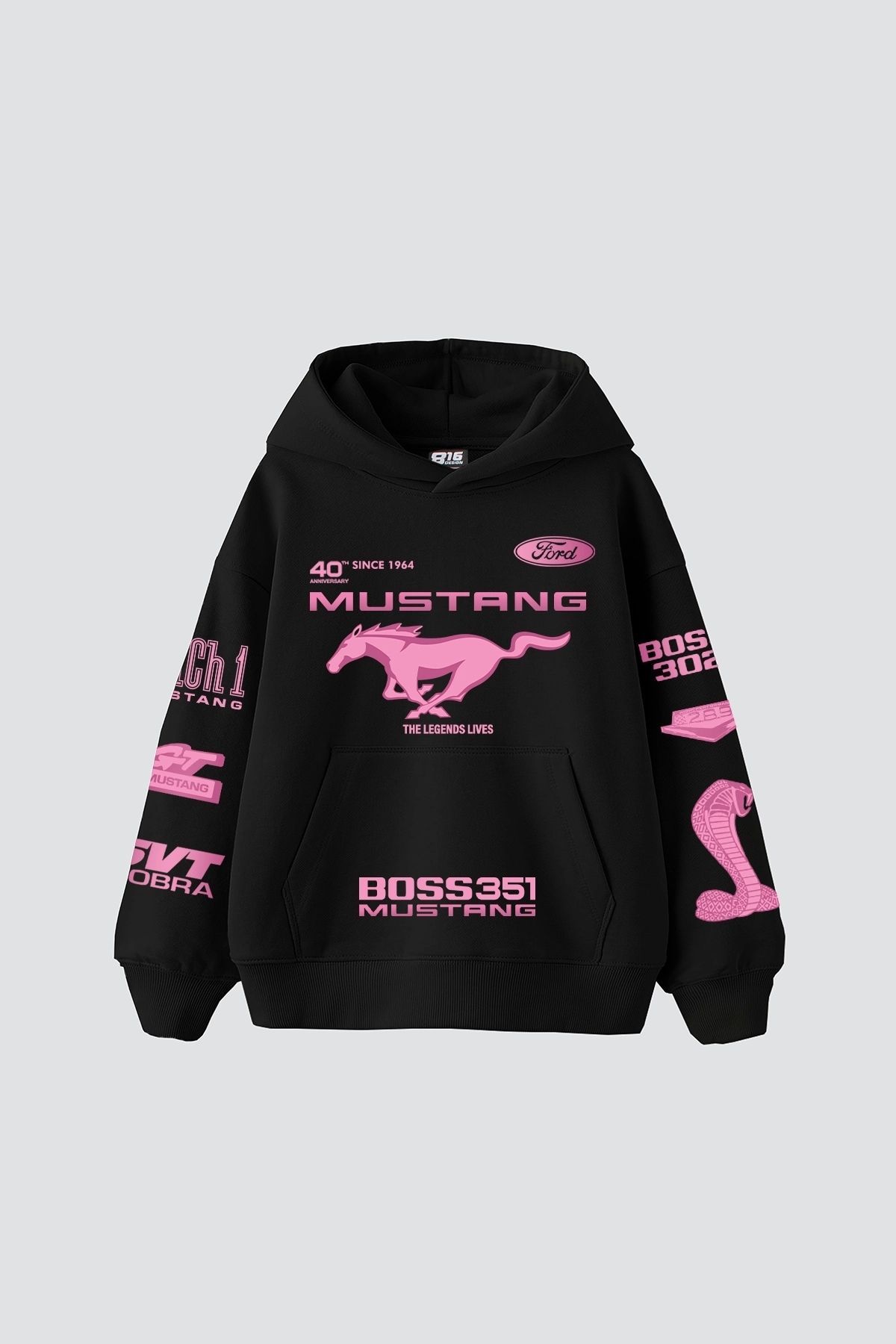 Sekizbiraltı Mstng Baskılı Racing Oversize Unisex Siyah Hoodie