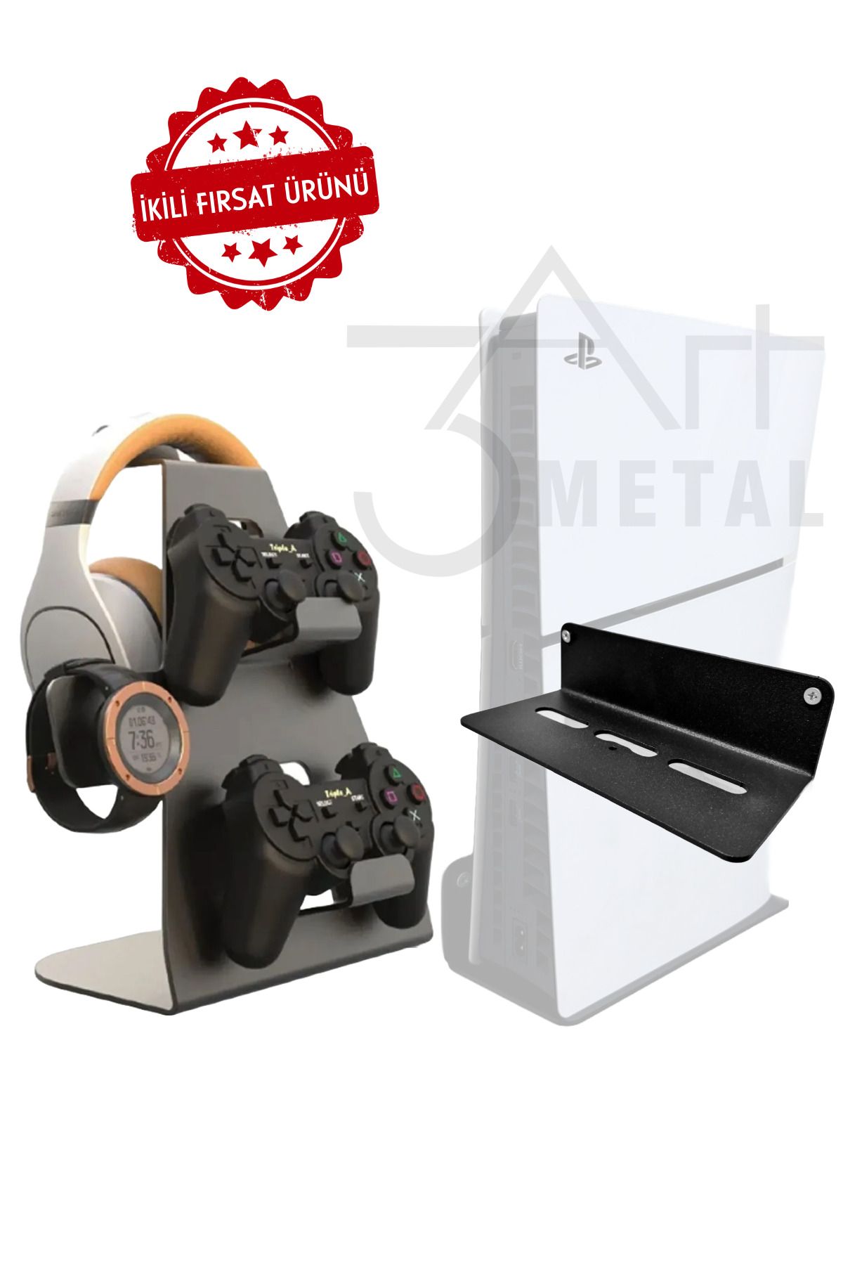 3art Metal 2'li Fırsat Ps5 Ve Ps5 Slim Duvar Standı  Joystick Konsol Tutacağı Yerden Tasarruf Gaming Aksesuar