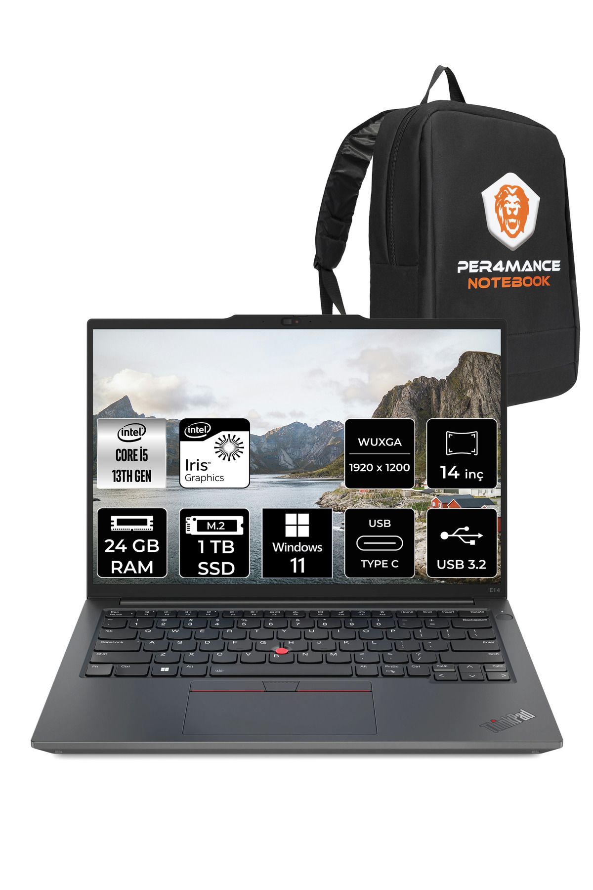 LENOVO ThinkPad E14 G5 i5 13420H 24GB 1TB SSD WUXGA 14'' W11HOME Dizüstü Bilgisayar & PER4 ÇANTA