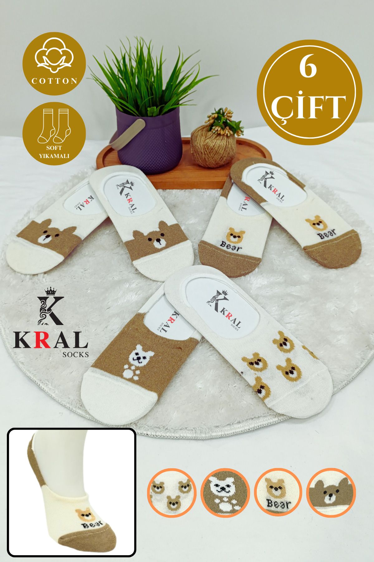 KRAL SOCKS Kadın Babet Çorap (6 Çift) Sevimli Ayıcık Terletmez Pamuklu Unisex