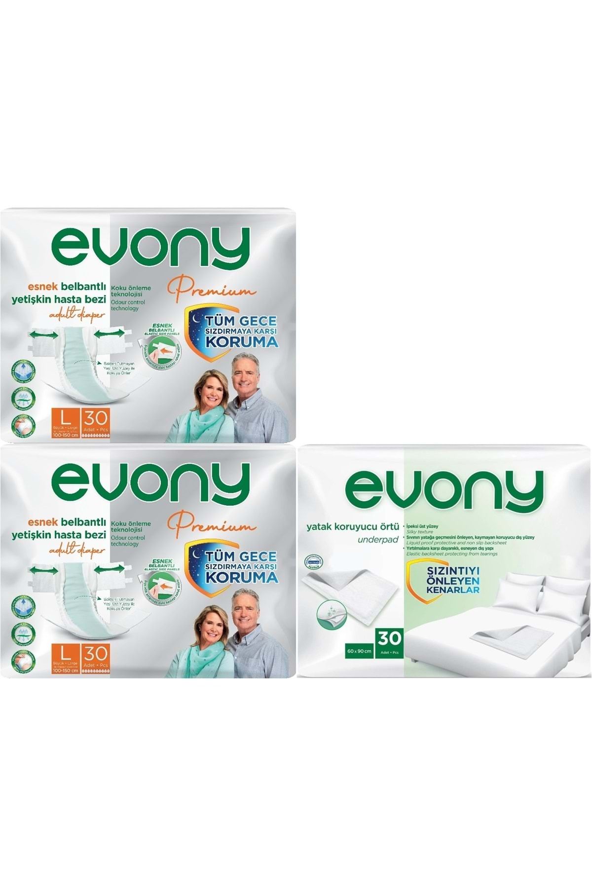 Evony Premium Hasta Bezi Yetişkin Bel Bantlı Tekstil Yüzey Büyük 60 Adet+Yatak Koruyucu Örtü 30 Adet