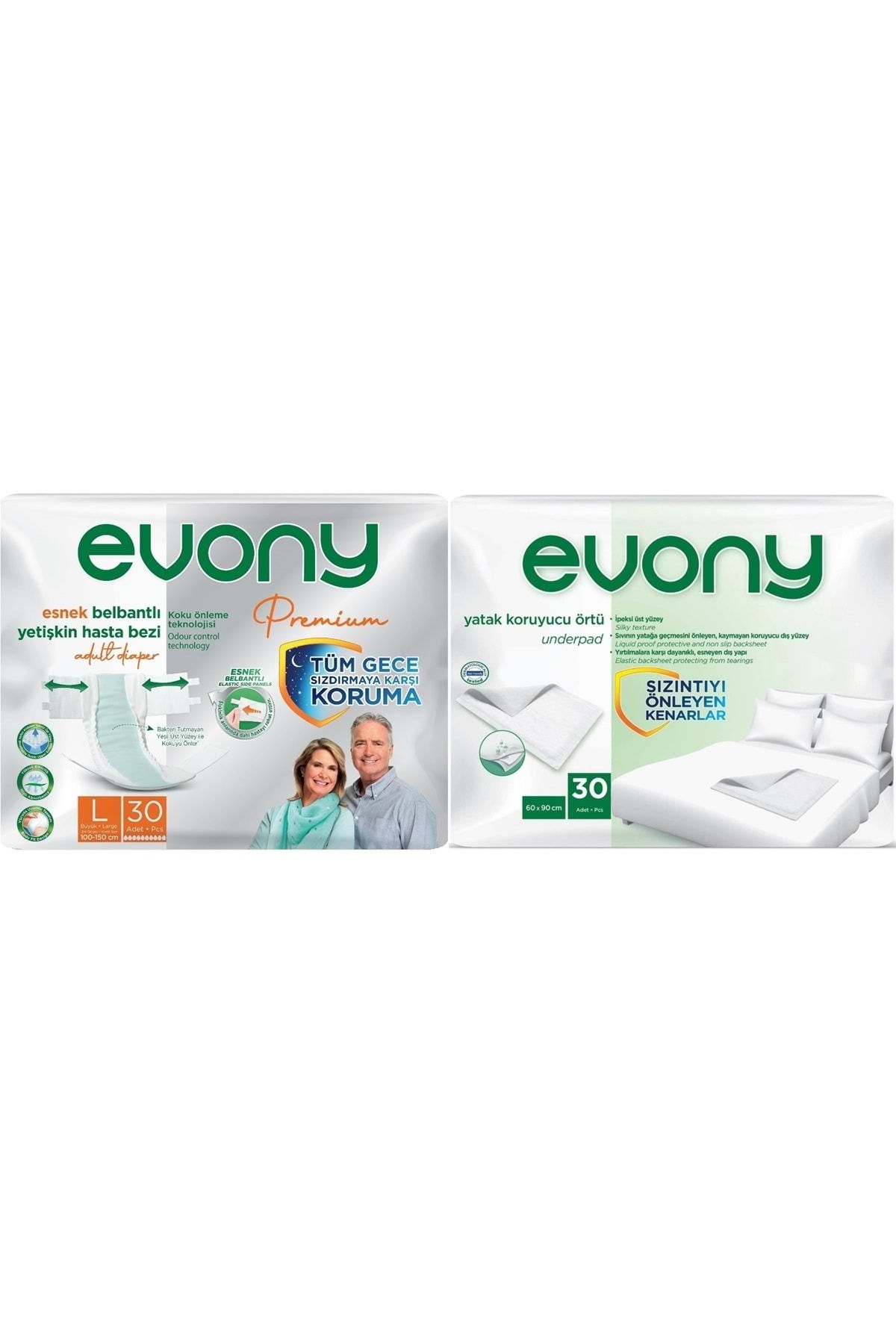 Evony Premium Hasta Bezi Yetişkin Bel Bantlı Tekstil Yüzey Büyük 30 Adet+Yatak Koruyucu Örtü 30 Adet