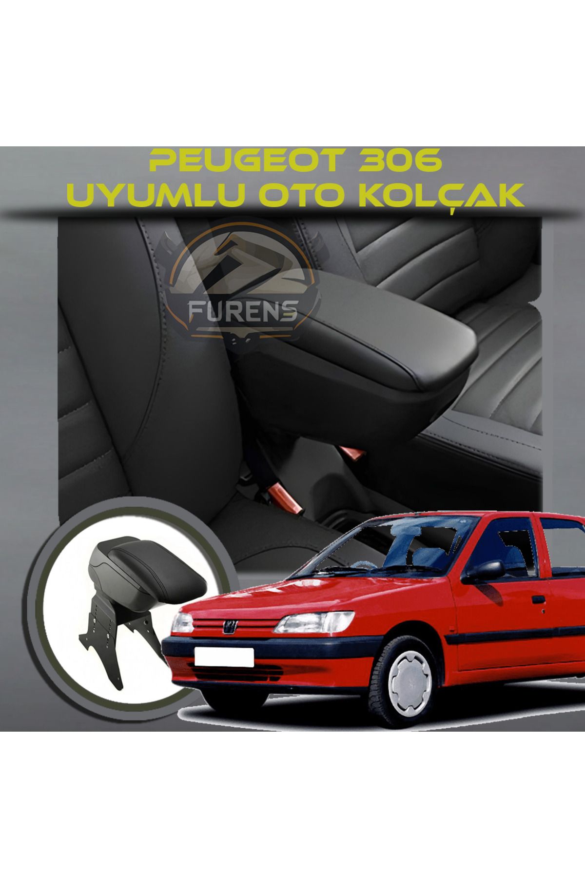 STS Peugeot 306  Uyumlu Kol Dayama Ve Kolçak Sürgülü Bardaklıklı Ayarlanabilir Siyah Deri