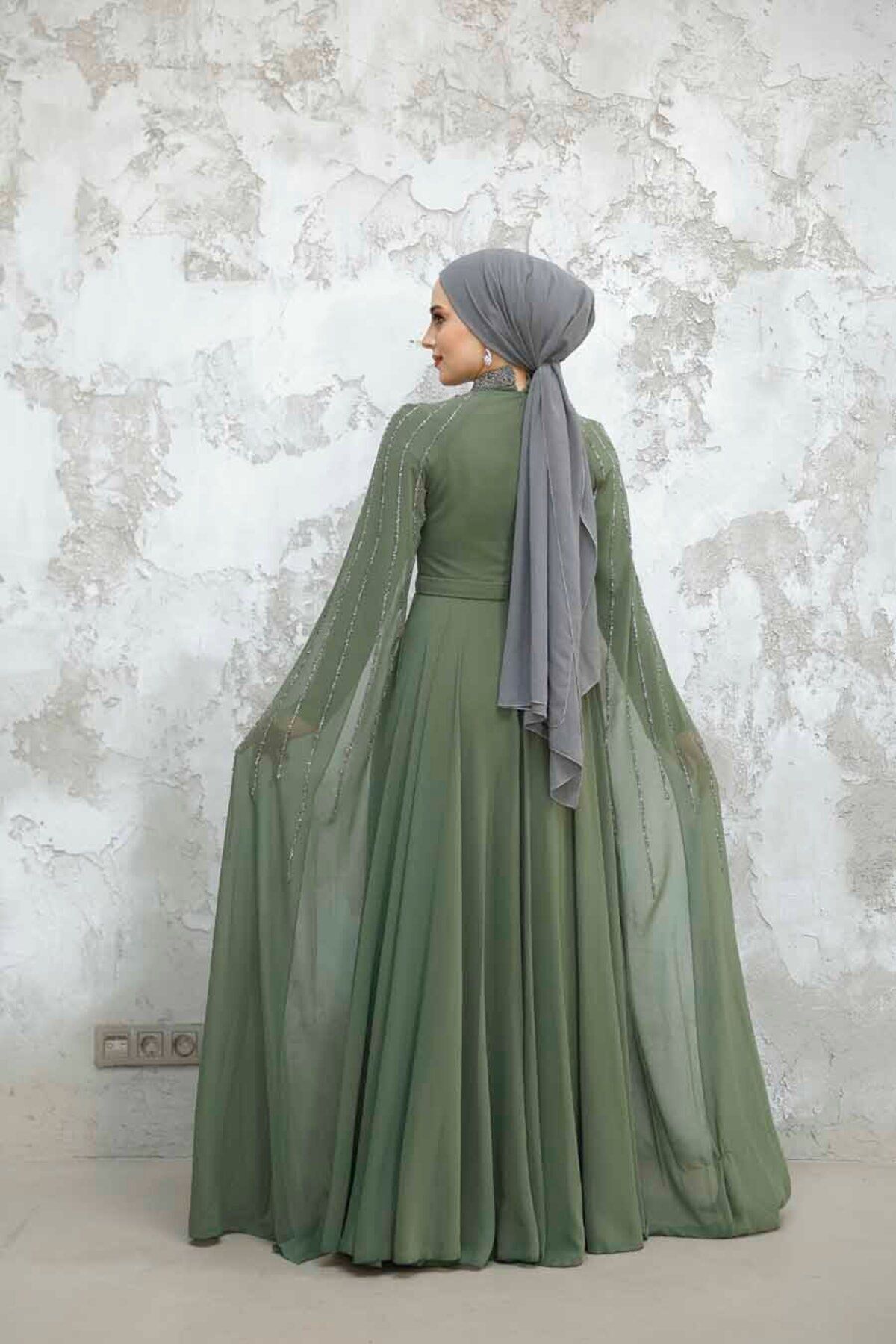 Neva Style-Khaki Hijab Evening Dress with Cape Detail 47381Hk 4