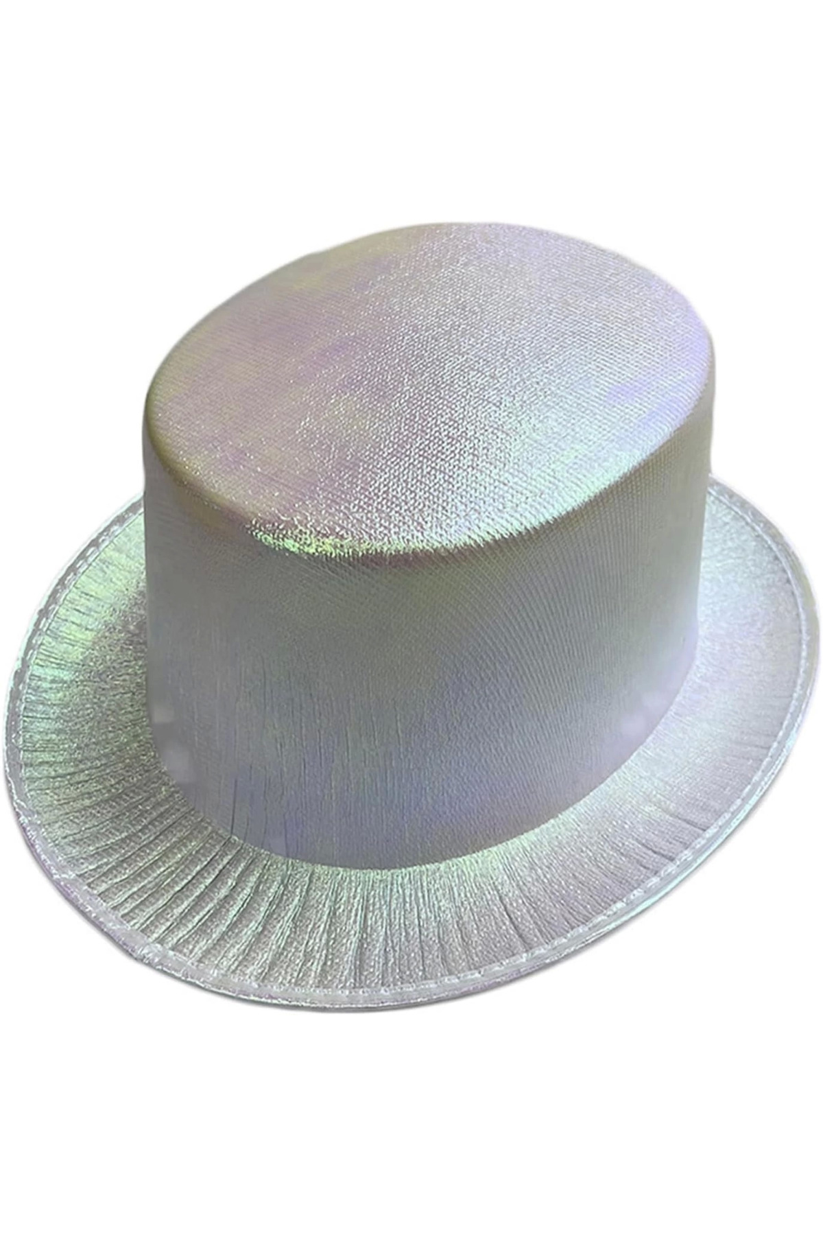 PAZAR DÜNYASI Beyaz Renk Işıltılı Hologram Kumaş Kaplama Fötr Silindir Şapka Yetişkin Boy