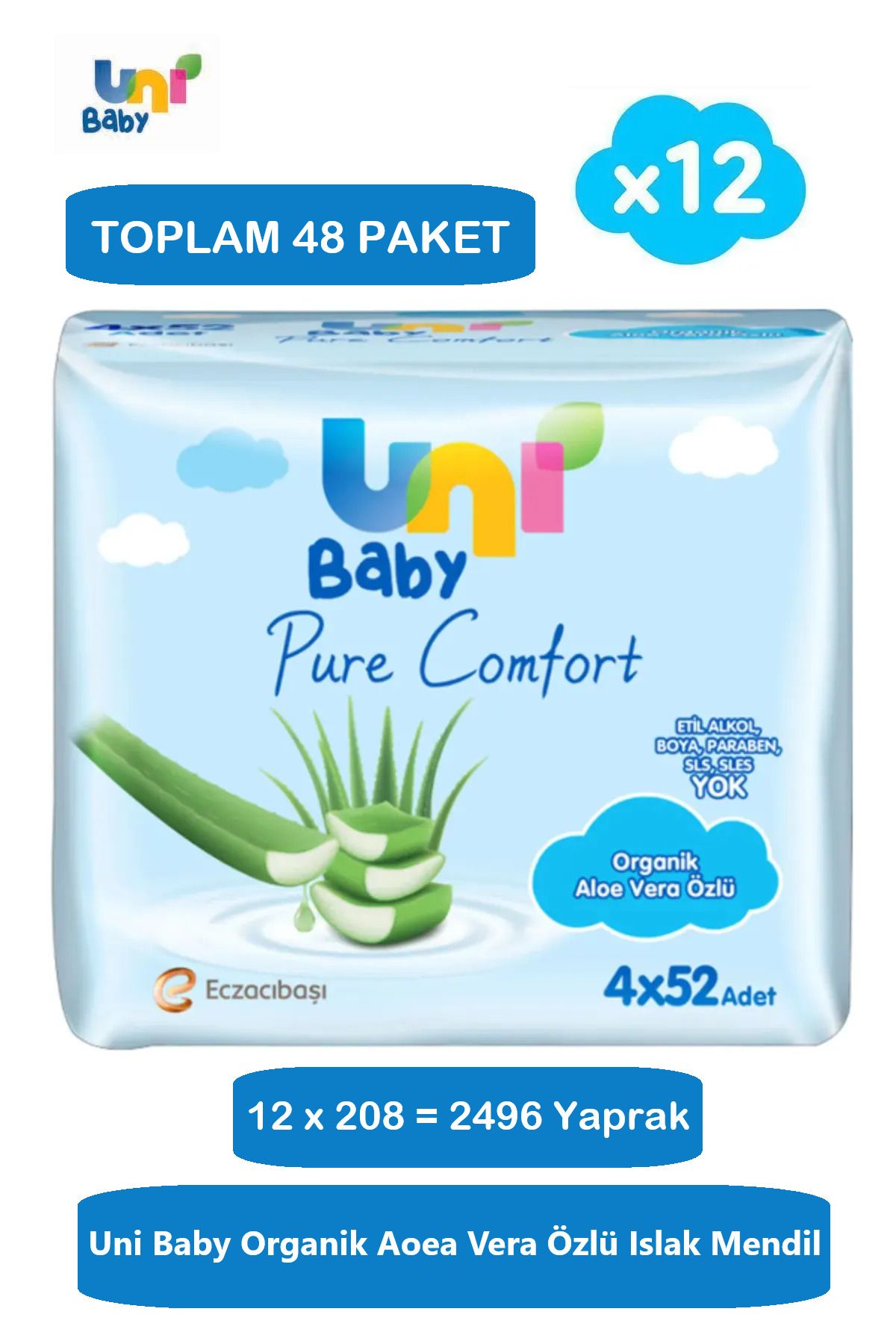 Uni Baby Organik Aloe Vera Özlü 48 Paket Islak Mendil 12*4*52'li