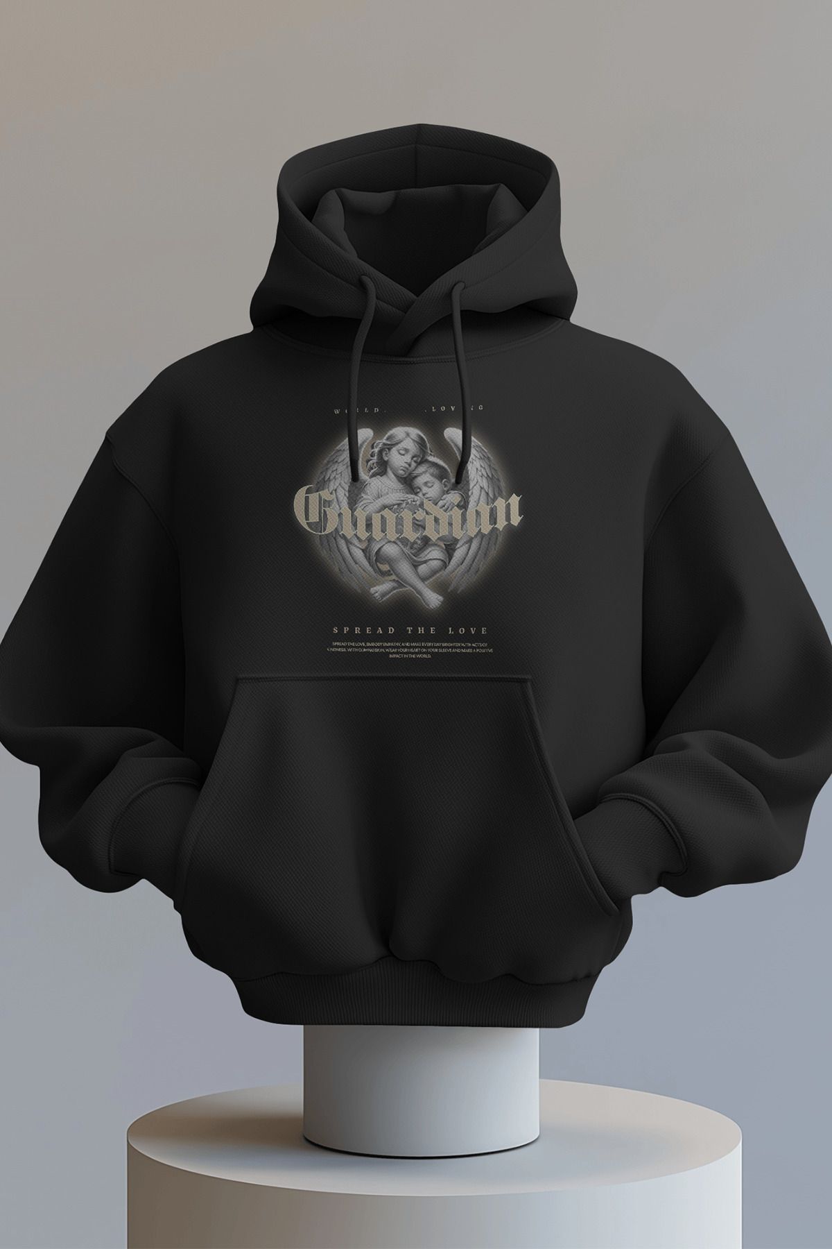 FASİON Guardian Angle Baskılı Oversize Unisex Kapüşonlu Siyah Sweatshirt Hoodie