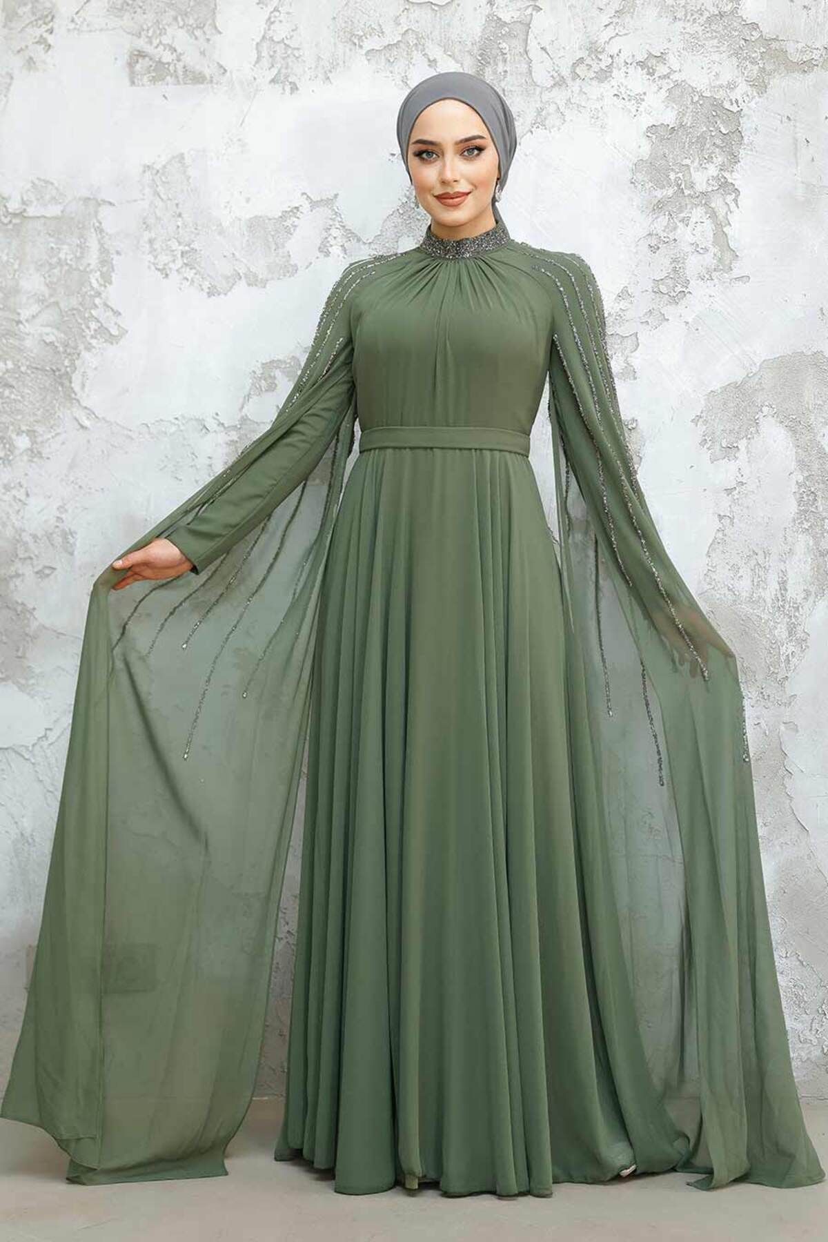 Neva Style-Khaki Hijab Evening Dress with Cape Detail 47381Hk 2