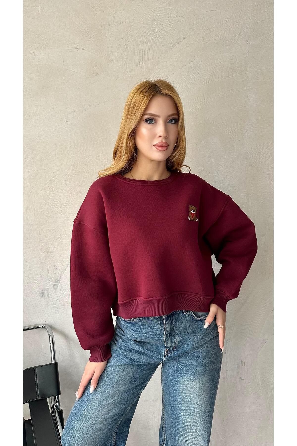 Angel Mia Teddy Bear Kısa Sweatshirt Bordo