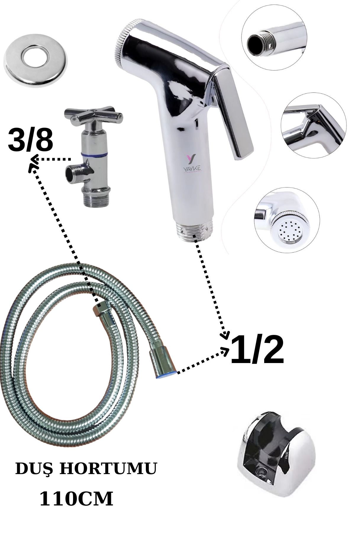 Yayke Taharet Musluk Seti Krom Tuvalet Tabancası Taharet Başlığı Duş Hortumu Mafsal Koçbaş Ara Musluk